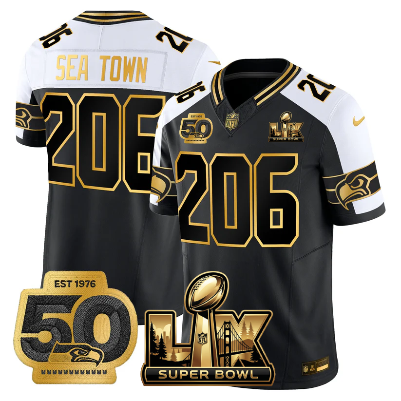 Sea Town 206 Seattle Seahawks Super Bowl LX - 50th Anniversary Patch Gold Vapor Limited Black Alternate Jersey - All Stitched
