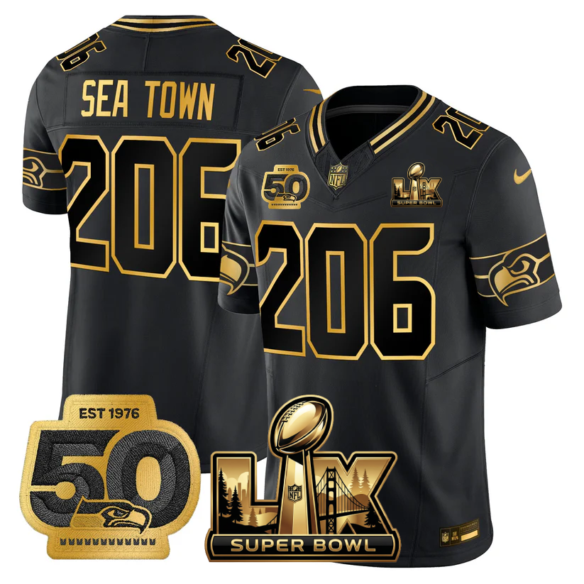 Sea Town 206 Seattle Seahawks Super Bowl LX - 50th Anniversary Patch Gold Vapor Limited Black Gold Jersey - All Stitched