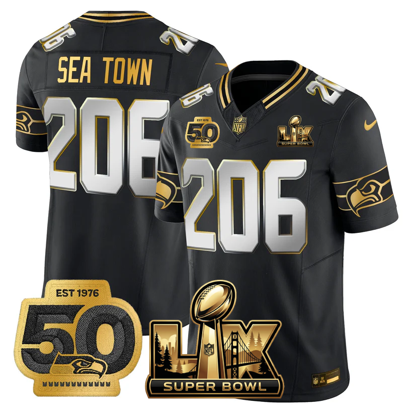 Sea Town 206 Seattle Seahawks Super Bowl LX - 50th Anniversary Patch Gold Vapor Limited Black Limited Jersey - All Stitched