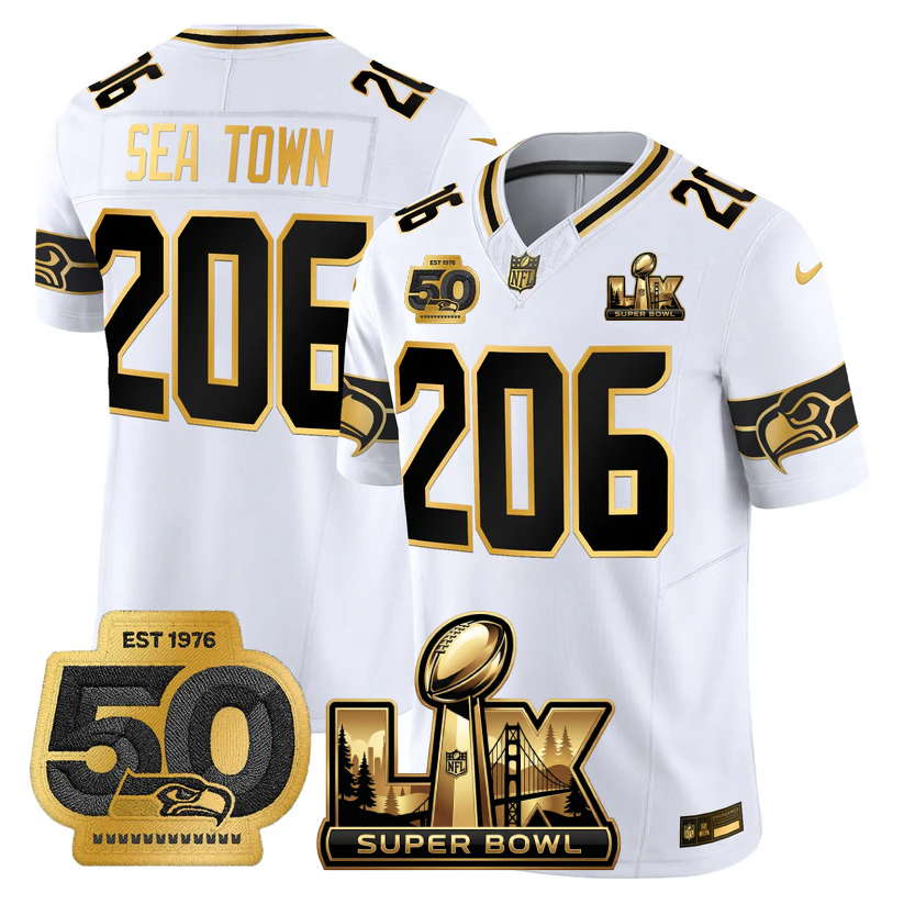 Sea Town 206 Seattle Seahawks Super Bowl LX - 50th Anniversary Patch Gold Vapor Limited White Gold Jersey - All Stitched