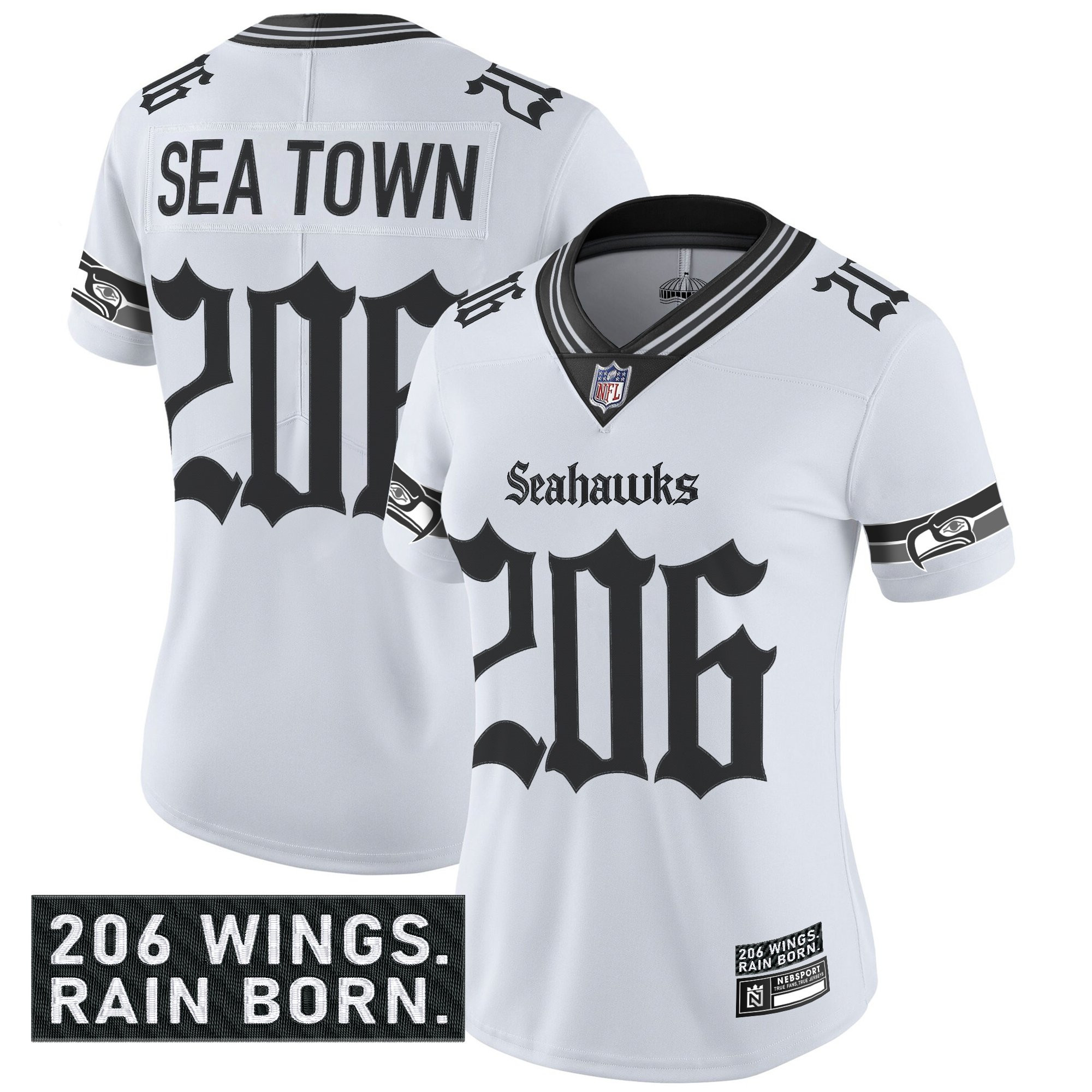 Sea Town 206 Women's Seattle Seahawks Gothic Rain City Shadows Edition Vapor Limited White Jersey - All Stitched