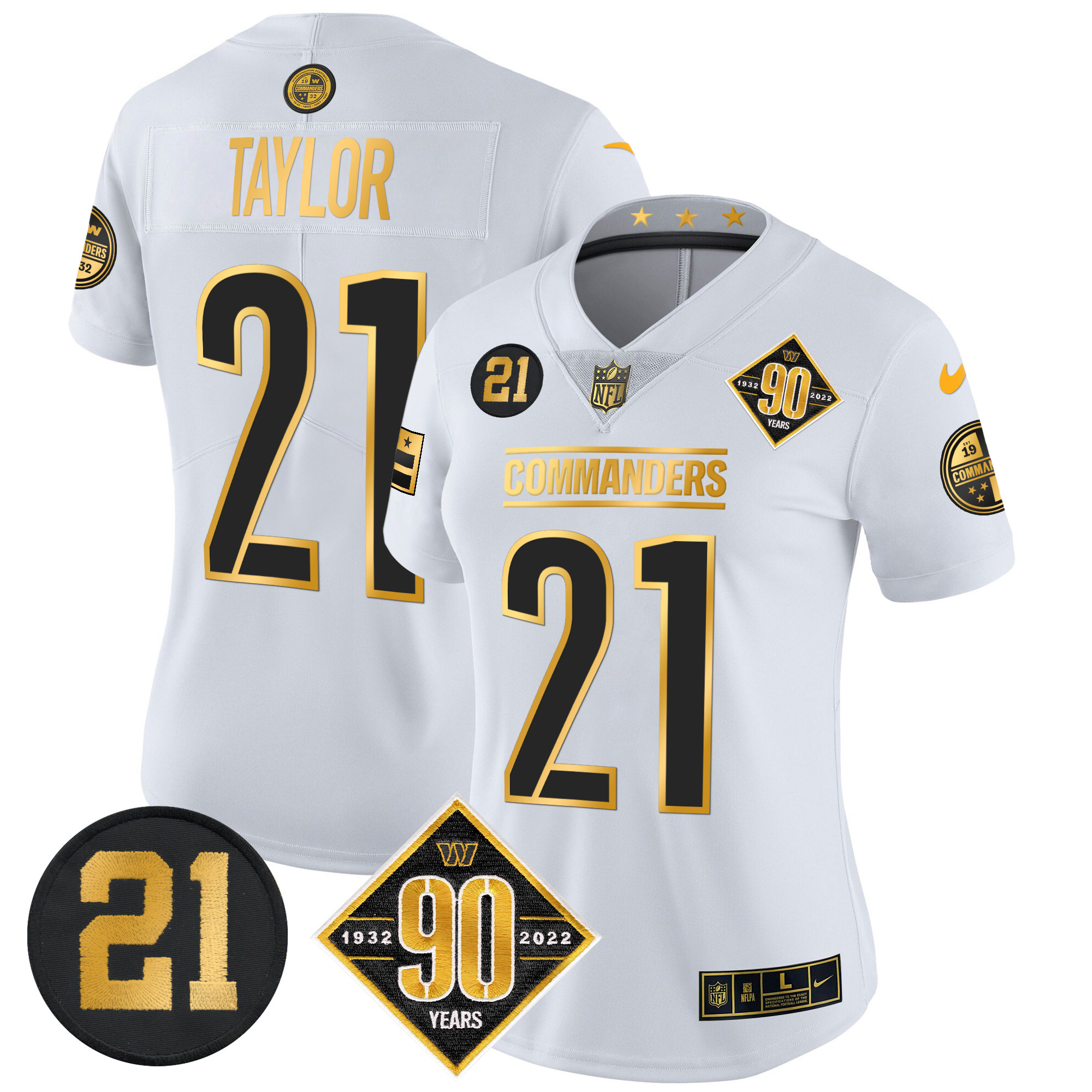 Sean Taylor Women's Washington Commanders 90th & Sean Taylor Patch Gold Vapor Limited White Gold Jersey - All Stitched