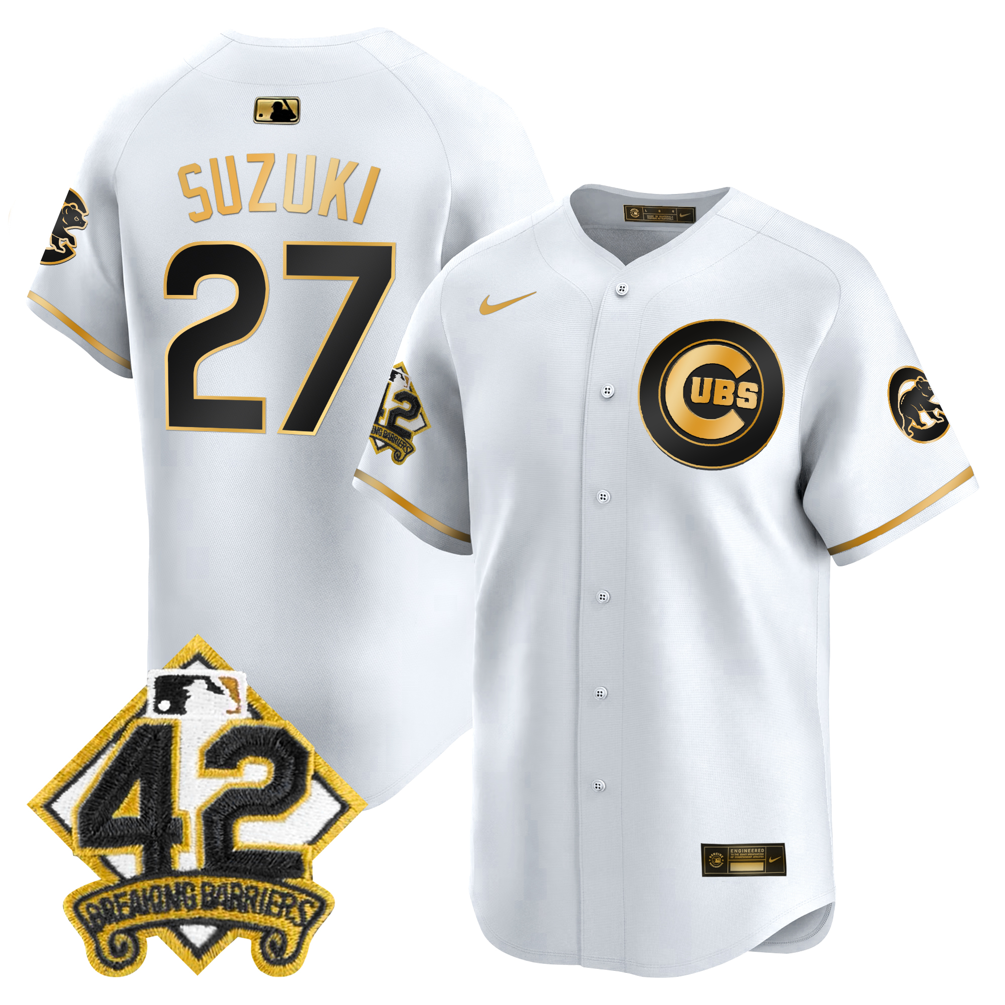 Seiya Suzuki Men's Chicago Cubs 2025 Jackie Robinson Patch Vapor Premier Limited White Gold Jersey - All Stitched