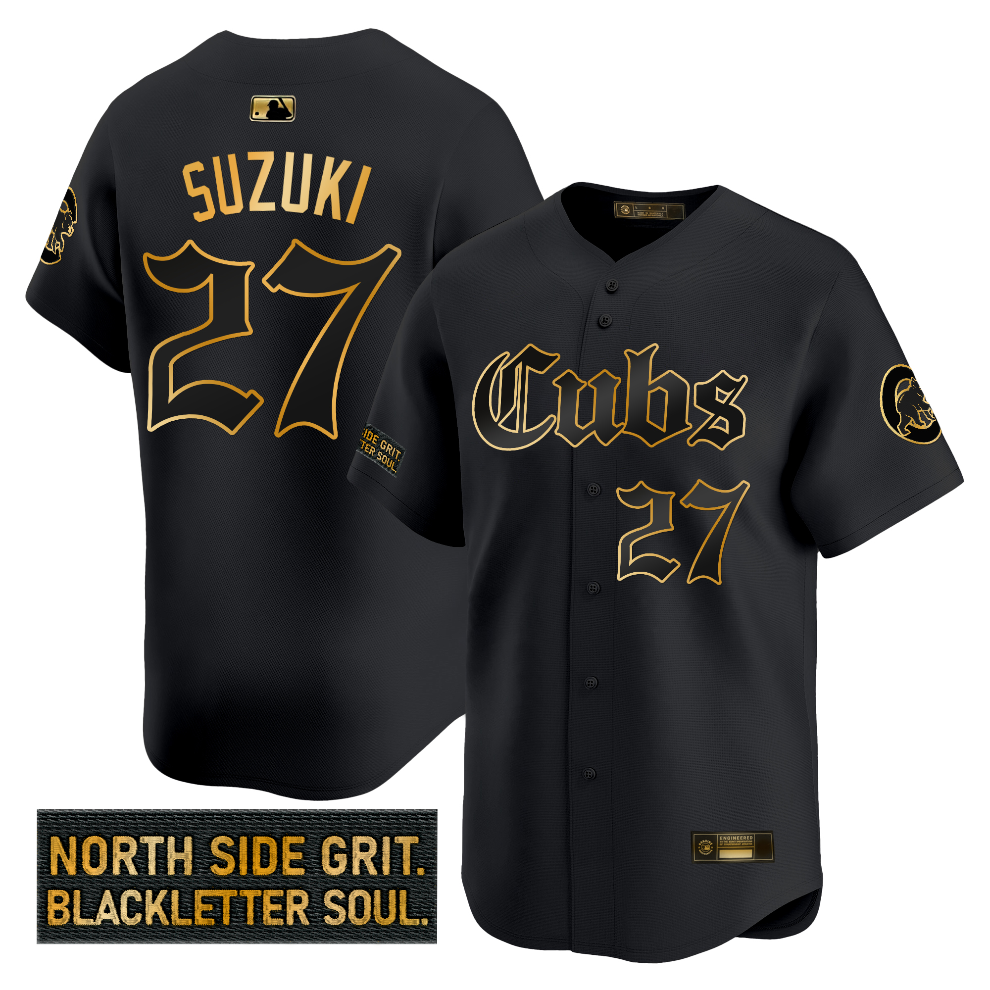 Seiya Suzuki Men's Chicago Cubs Gothic North Side Edition Gold Vapor Premier Limited Black Gold Jersey - All Stitched