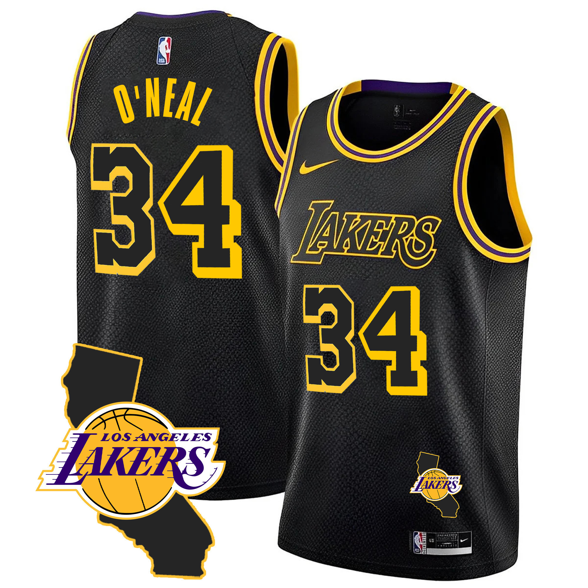 Shaquille ONeal Men's Los Angeles Lakers California Patch Black Mamba Jersey - All Stitched