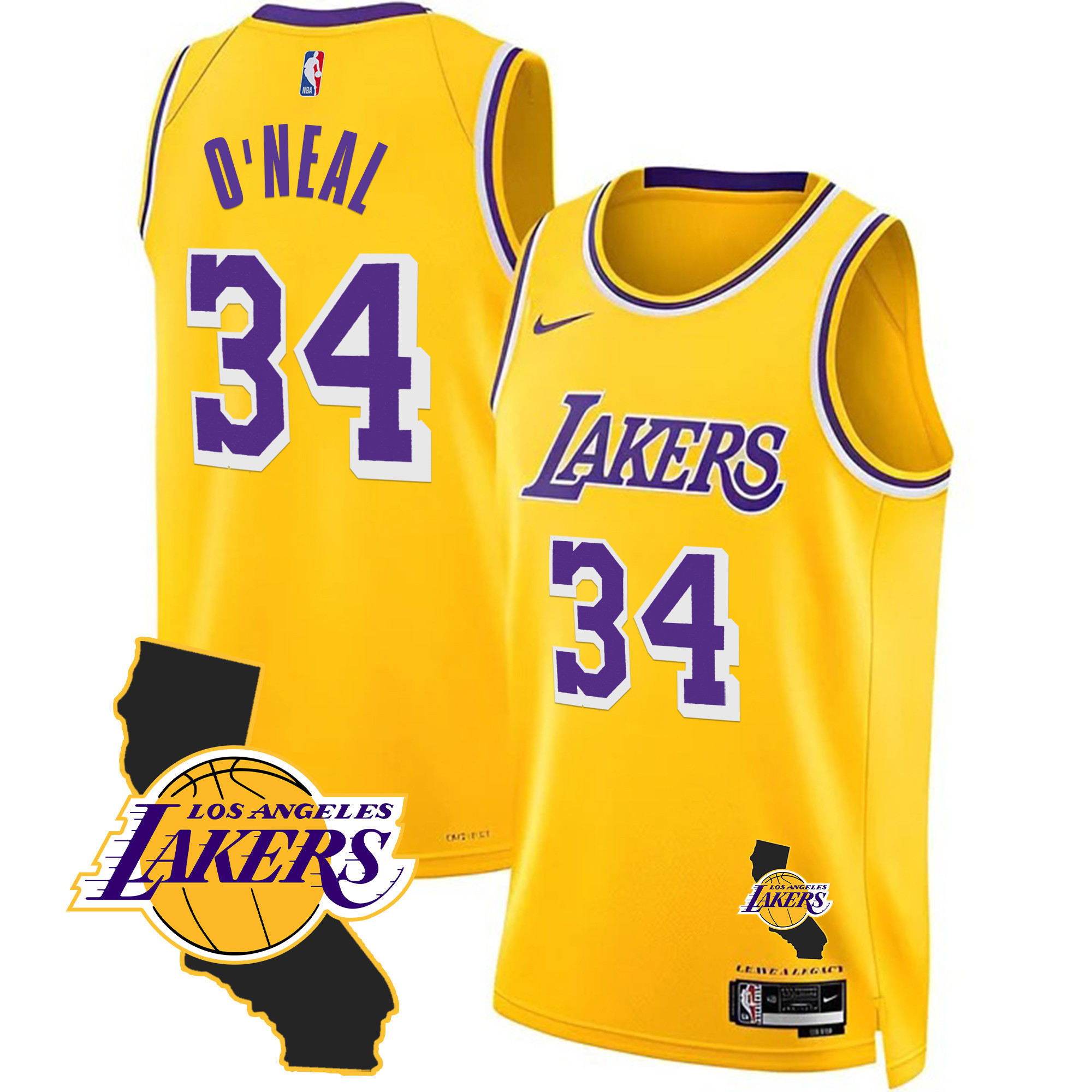 Shaquille ONeal Men's Los Angeles Lakers California Patch Gold Jersey - All Stitched