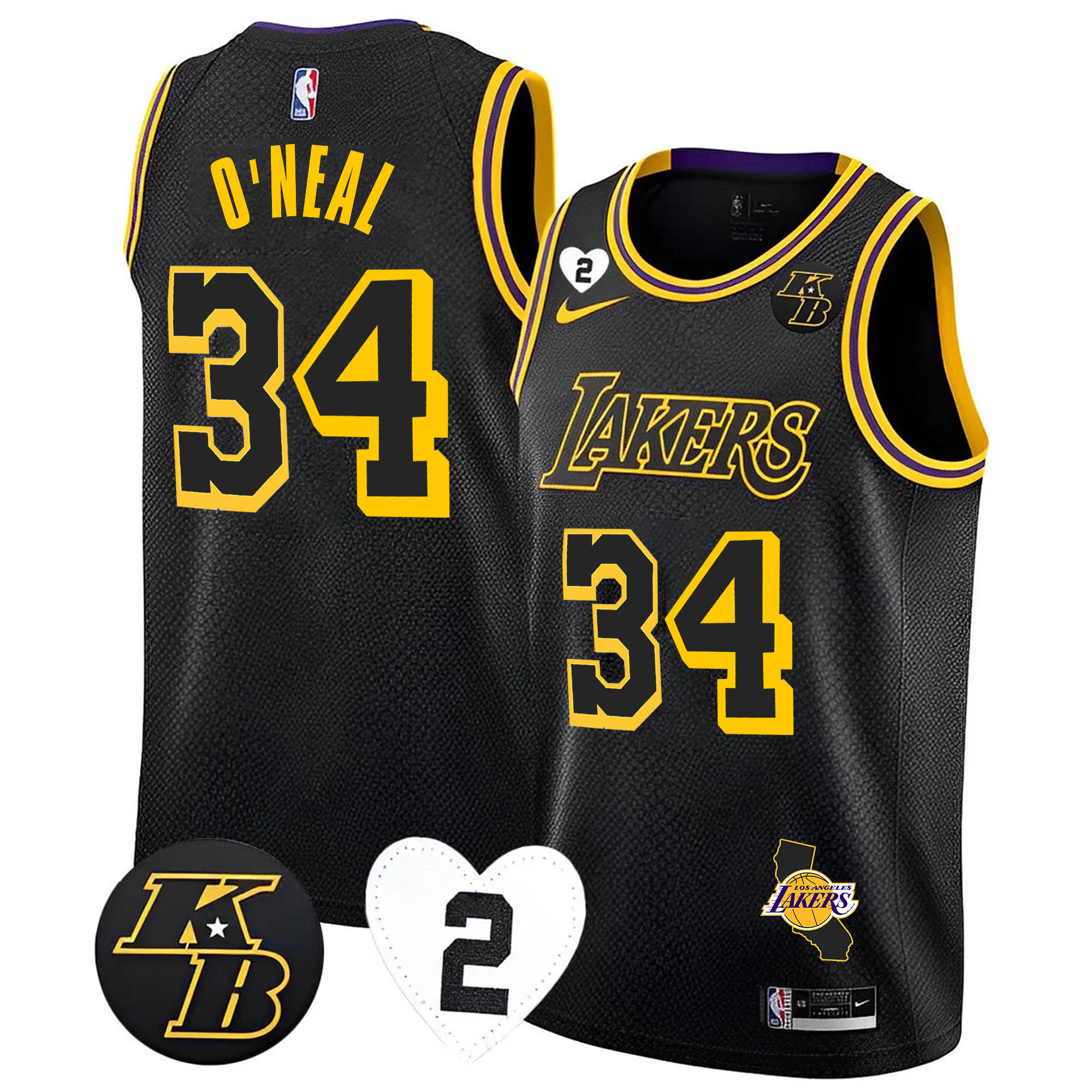 Shaquille ONeal Men's Los Angeles Lakers California Patch Kobe & GiGi Jersey - All Stitched