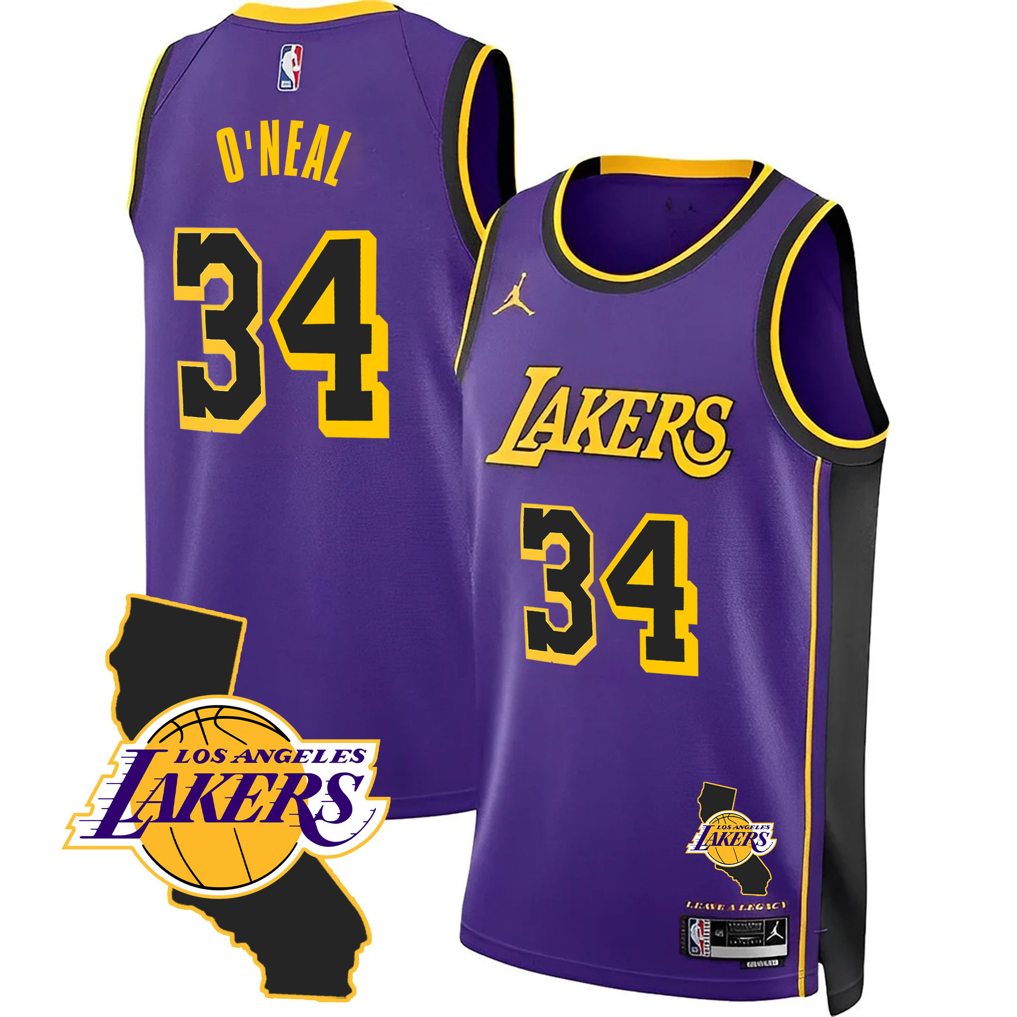 Shaquille ONeal Men's Los Angeles Lakers California Patch Purple Jersey - All Stitched
