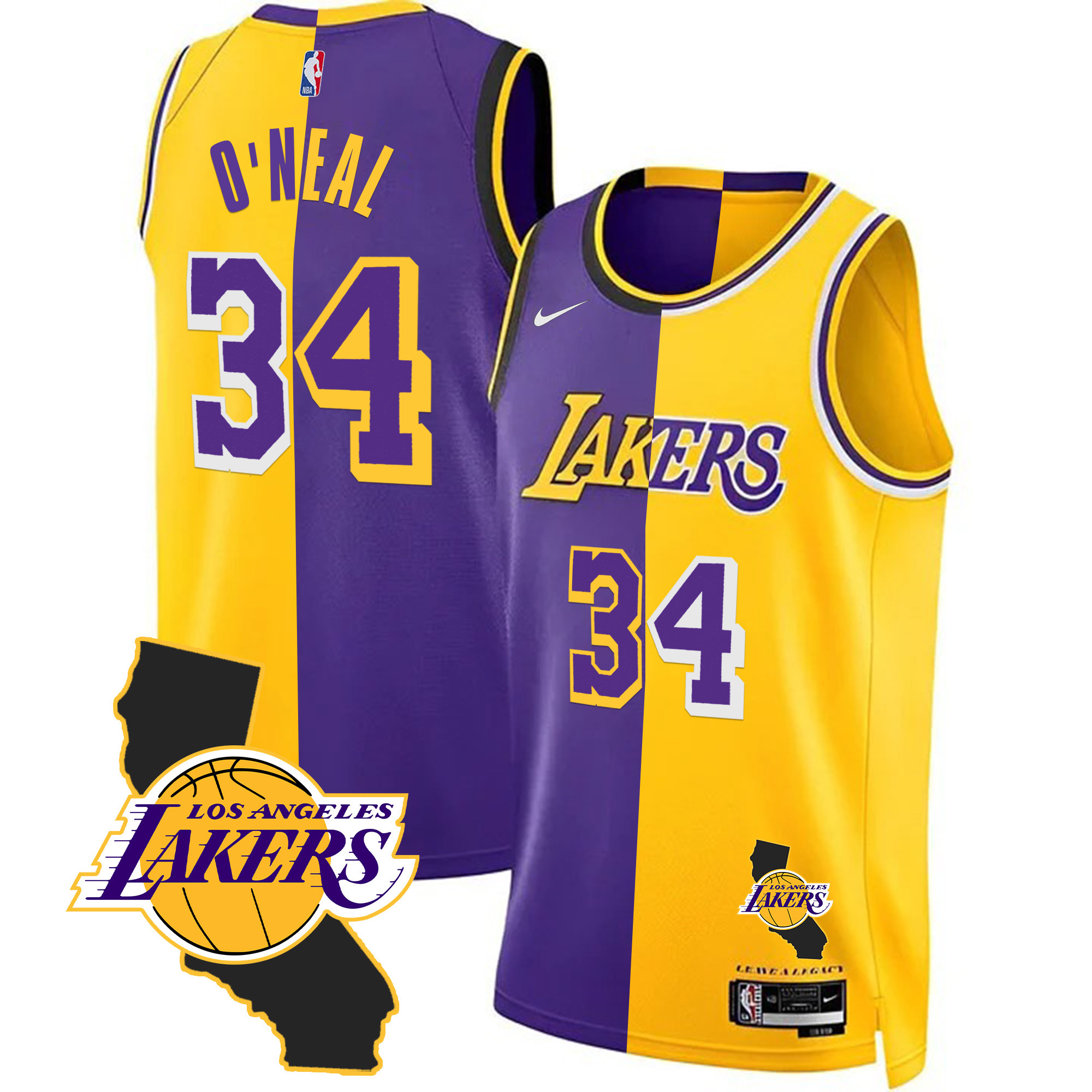Shaquille ONeal Men's Los Angeles Lakers California Patch Split Jersey - All Stitched