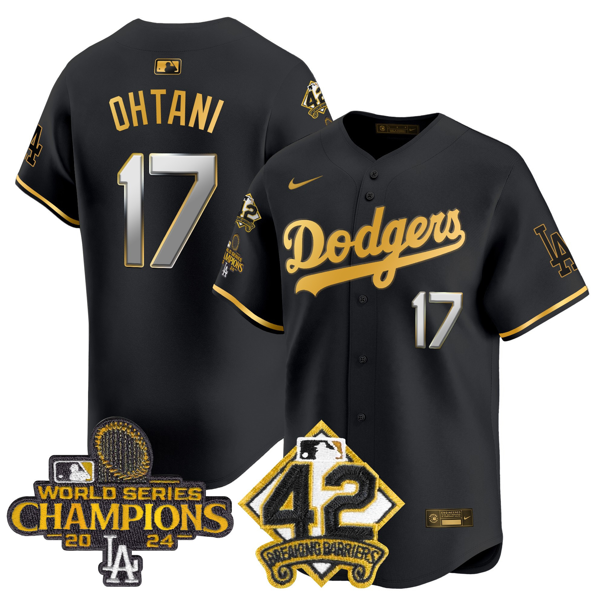 Shohei Ohtani Men's Los Angeles Dodgers 2024 World Series Champions & Jackie Robinson Patch Vapor Premier Limited Black Gold Jersey - All Stitched