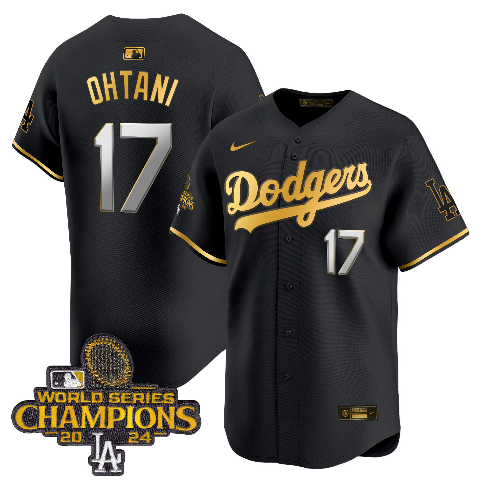 Shohei Ohtani Men's Los Angeles Dodgers 2024 World Series Champions Gold Trim Vapor Premier Limited Black Gold Jersey - All Stitched