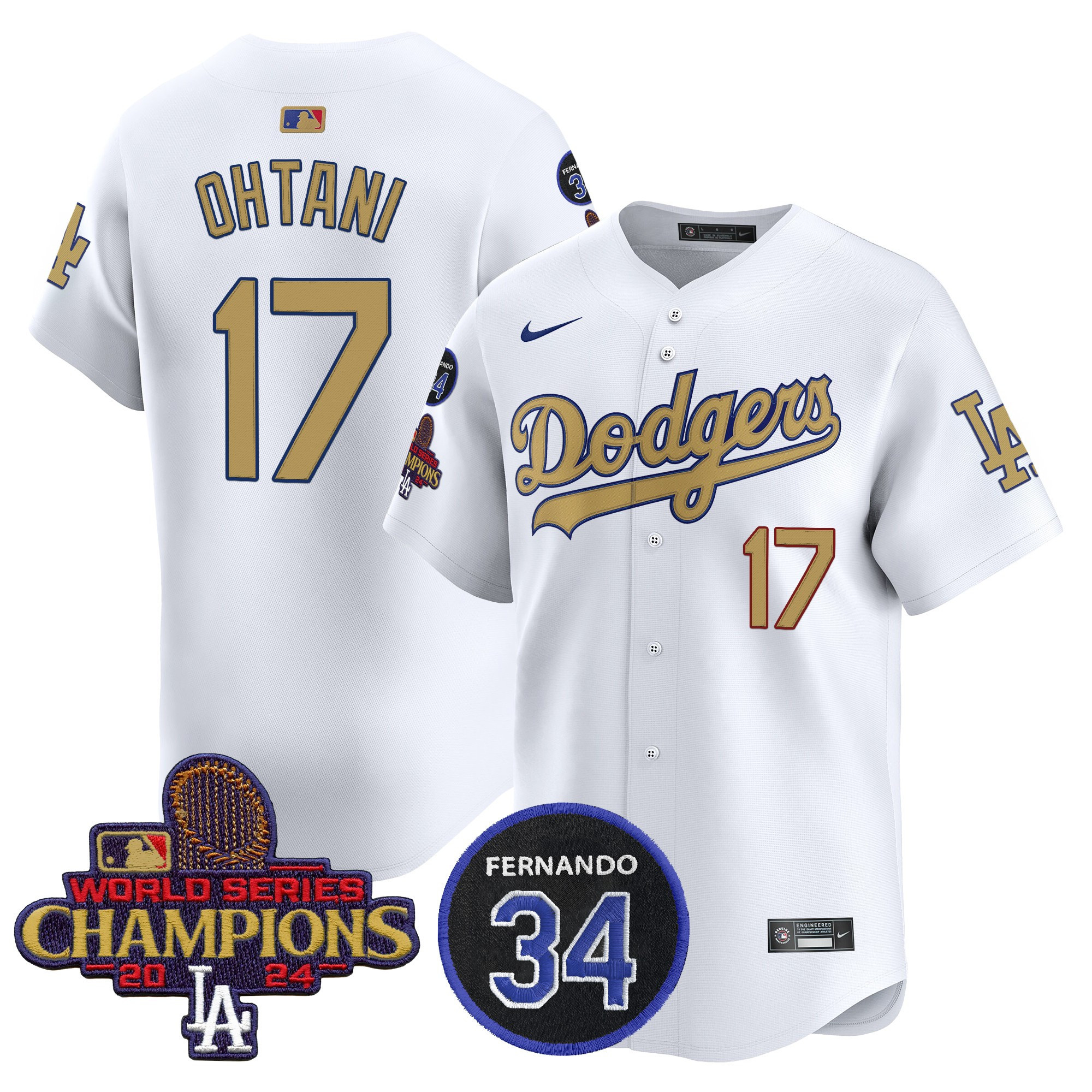 Shohei Ohtani Men's Los Angeles Dodgers 2025 #34 Fernando Patch Gold Vapor Premier Limited White Jersey - All Stitched