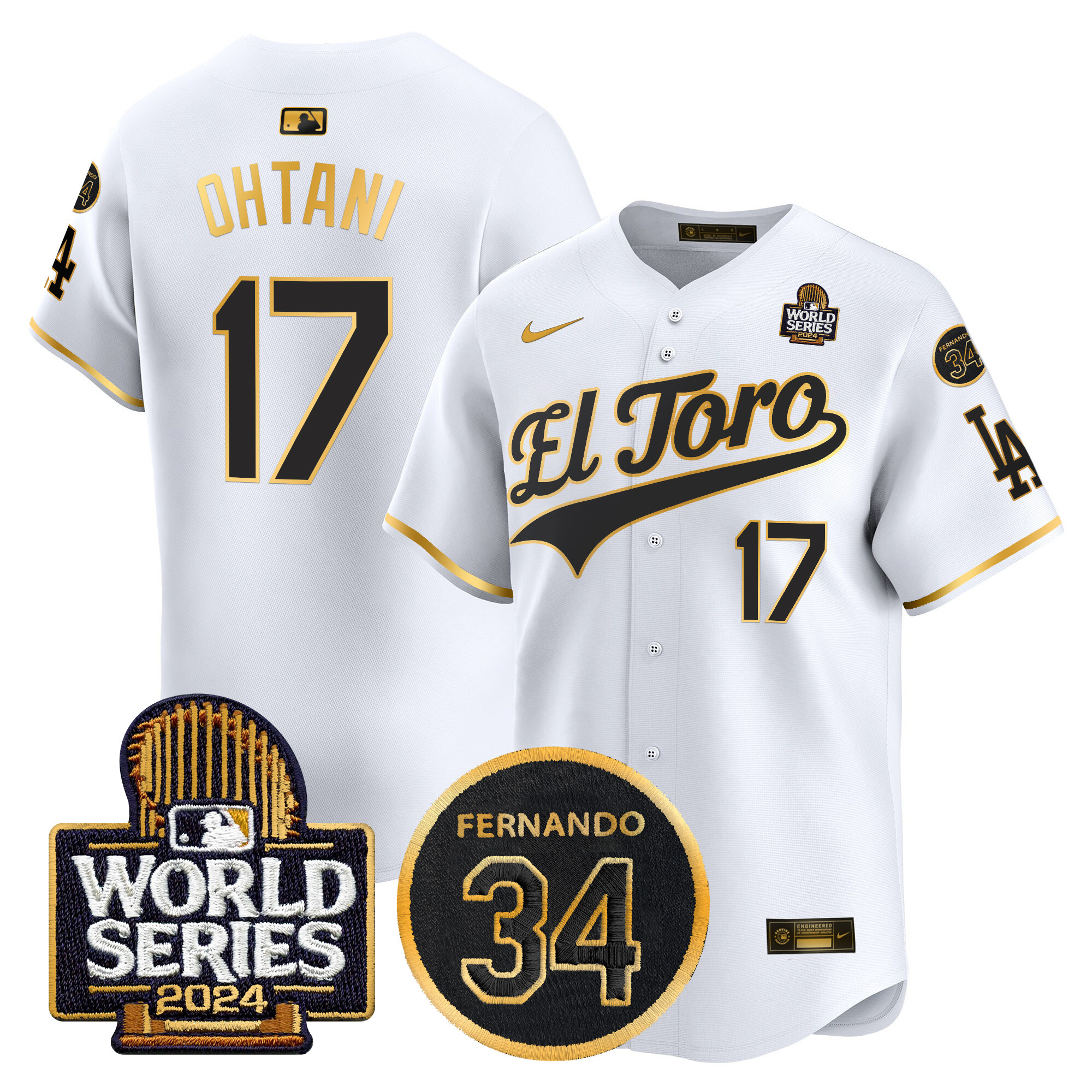 Shohei Ohtani Men's Los Angeles Dodgers El Toro 2024 World Series Patch Vapor Premier Limited White Gold Jersey - All Stitched