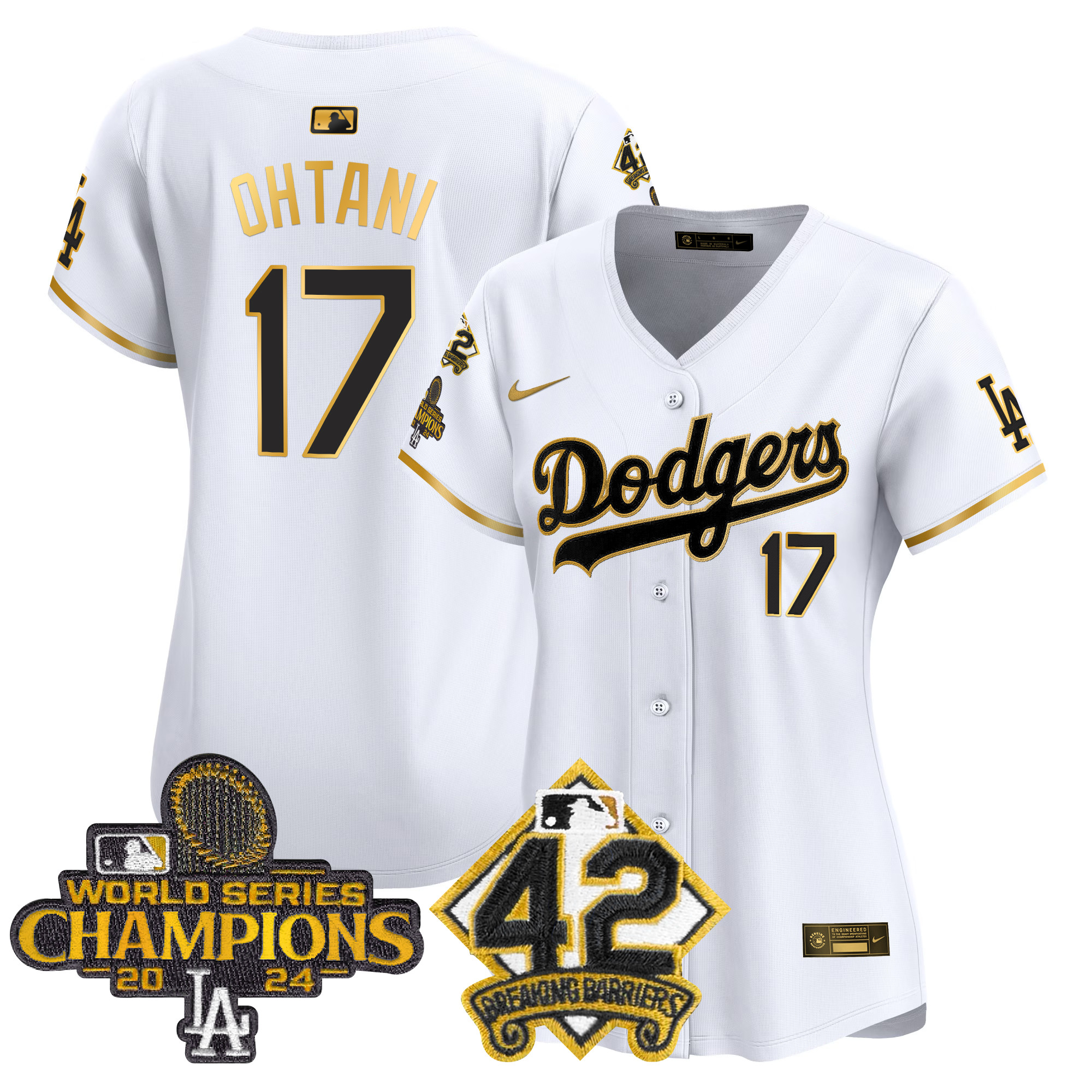 Shohei Ohtani Women's Los Angeles Dodgers 2024 World Series Champions & Jackie Robinson Patch Vapor Premier Limited White Gold Jersey - All Stitched
