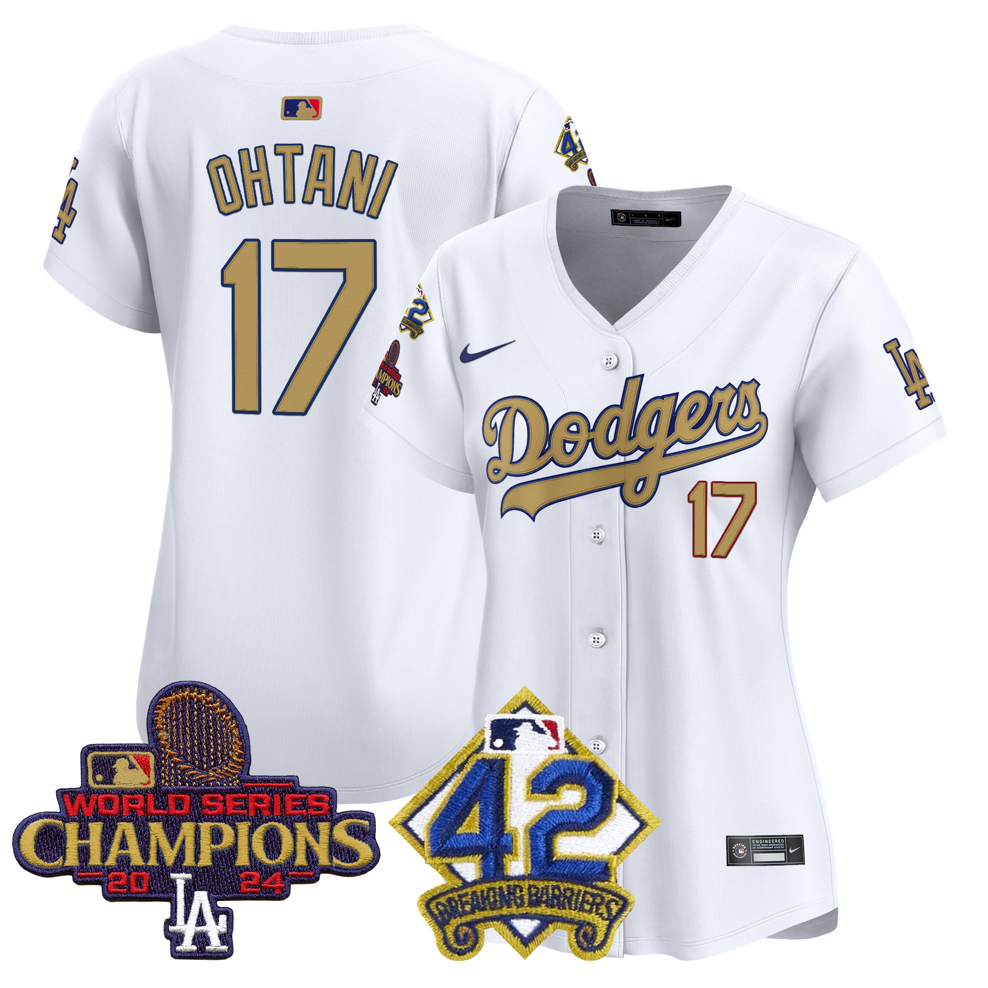 Shohei Ohtani Women's Los Angeles Dodgers 2024 World Series Champions & Jackie Robinson Patch Vapor Premier Limited White Jersey - All Stitched