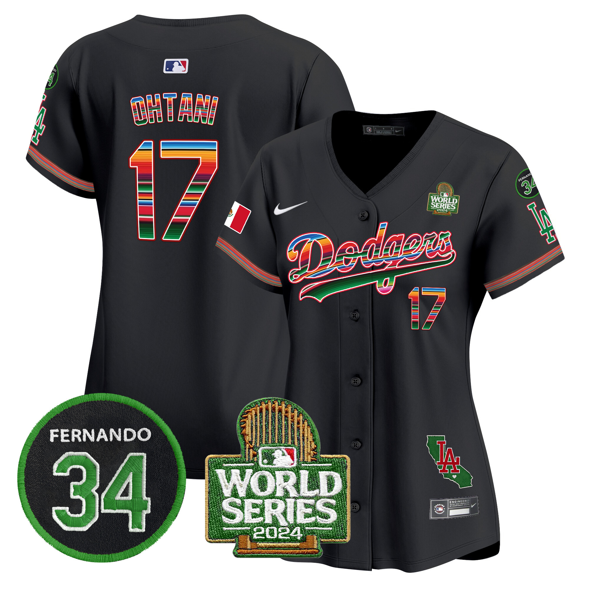 Shohei Ohtani Women's Los Angeles Dodgers Mexico Fernando Memorial & 2024 World Series Patch Vapor Premier Limited Black Jersey V2 - All Stitched
