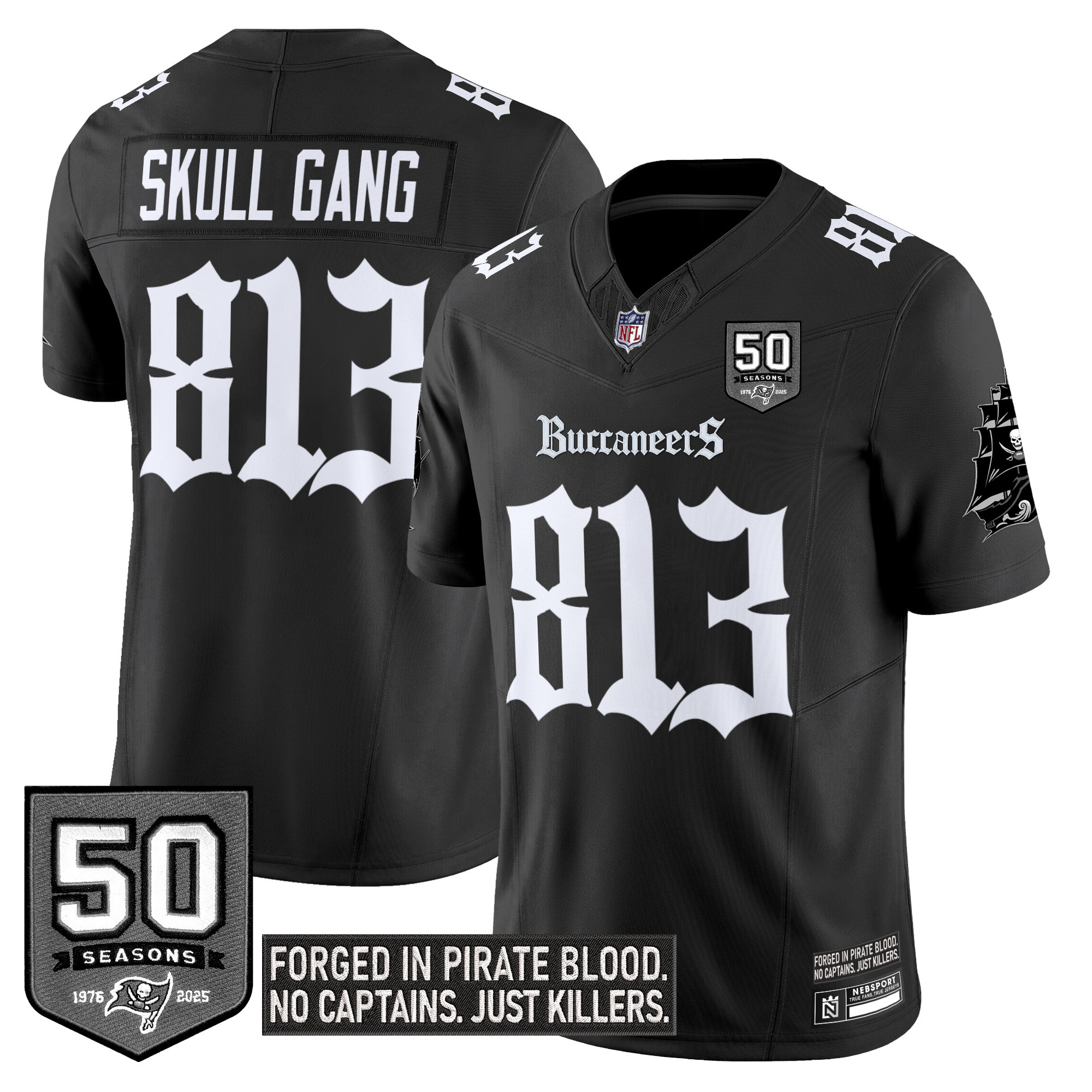 Skull Gang 813 Men's Tampa Bay Buccaneers Gothic Pirate Shadows Edition Limited Black Jersey - All Stitched