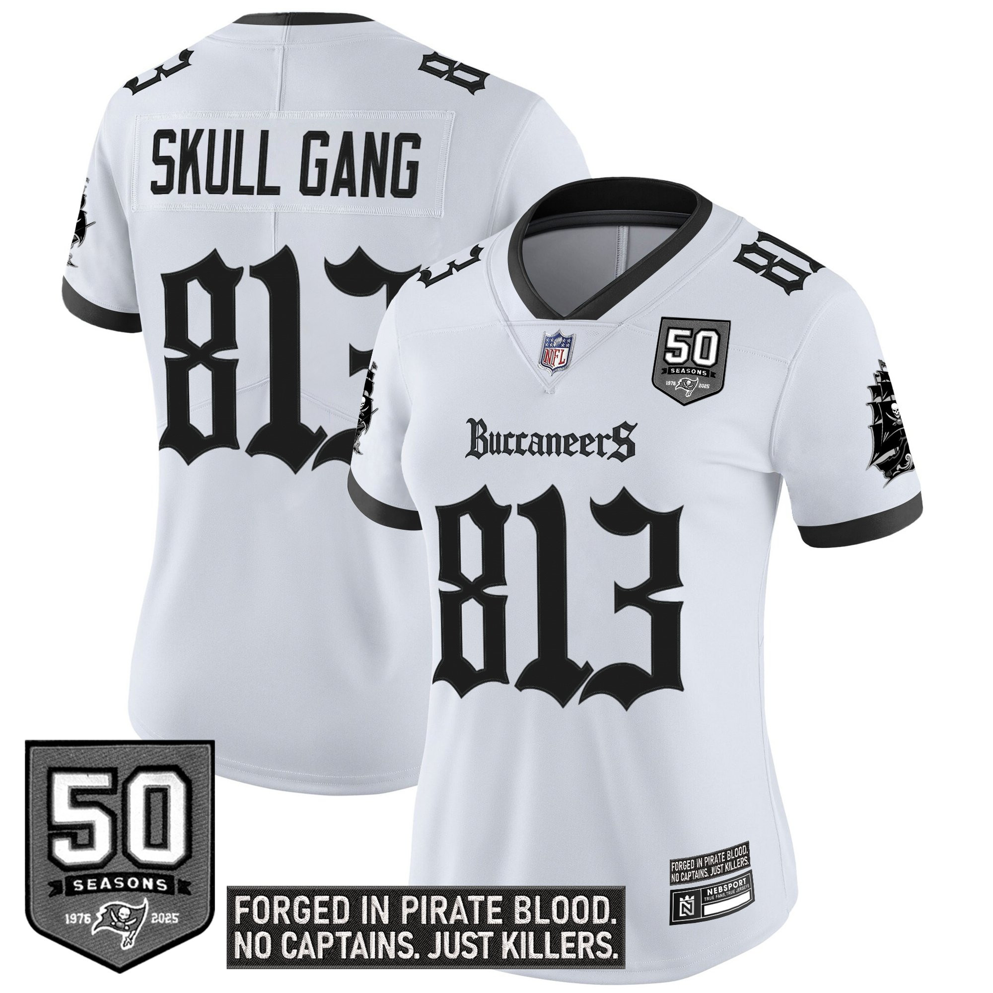 Skull Gang 813 Women's Tampa Bay Buccaneers Gothic Pirate Shadows Edition Vapor Limited White Jersey - All Stitched