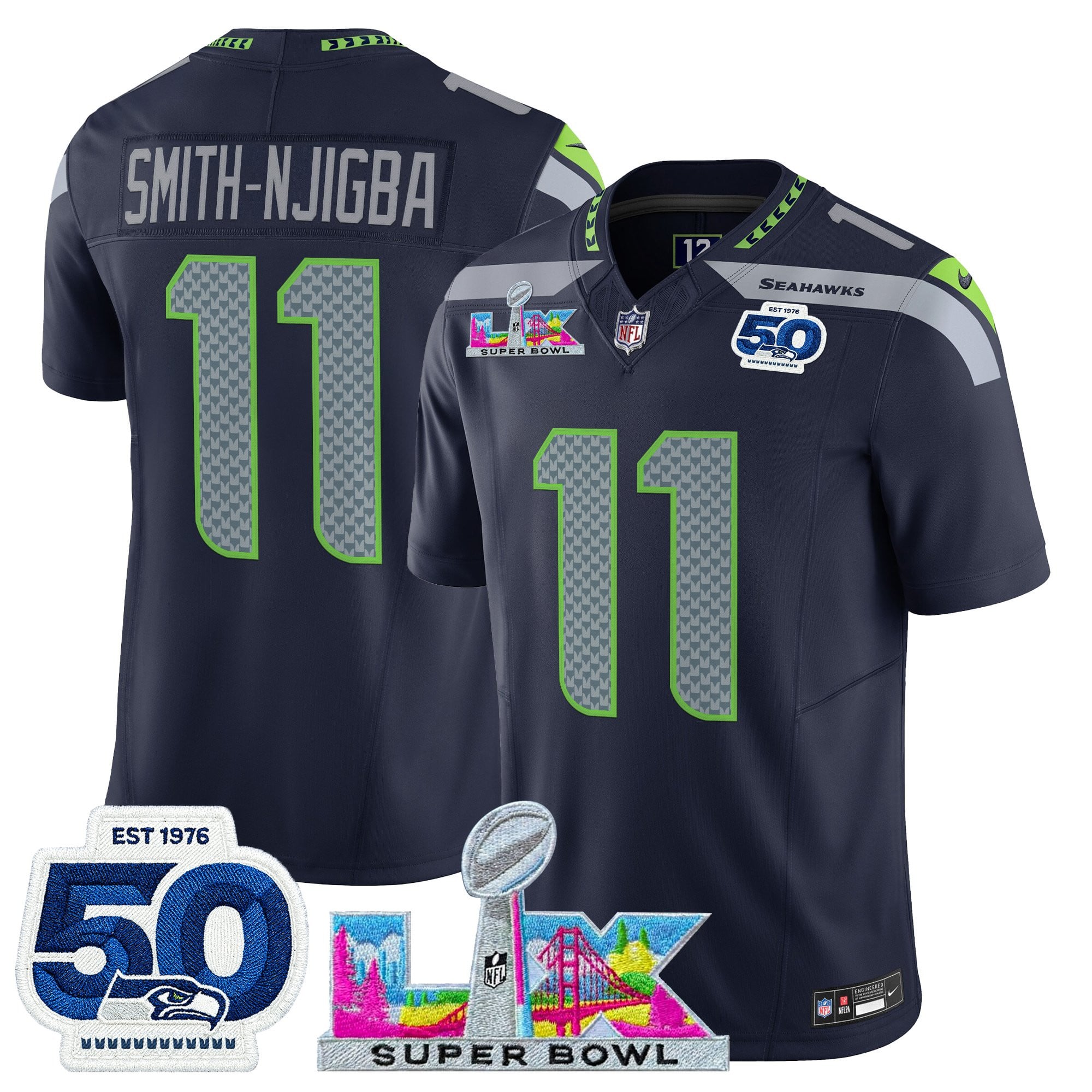 Smith-Njigba Men's Seattle Seahawks “Super Bowl LX & 50th Patch” Vapor Limited College Navy Jersey - All Stitched