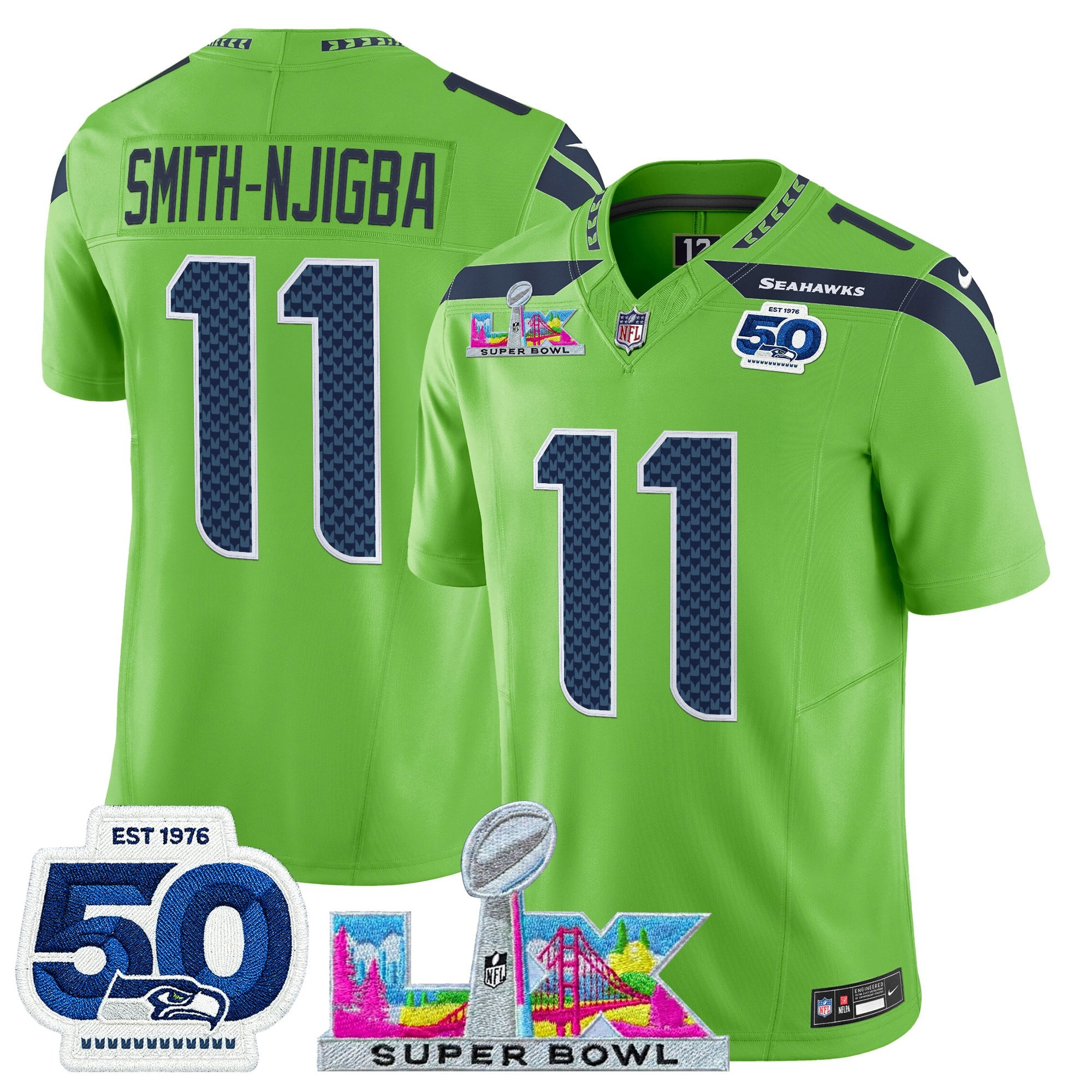Smith-Njigba Men's Seattle Seahawks “Super Bowl LX & 50th Patch” Vapor Limited Green Jersey - All Stitched