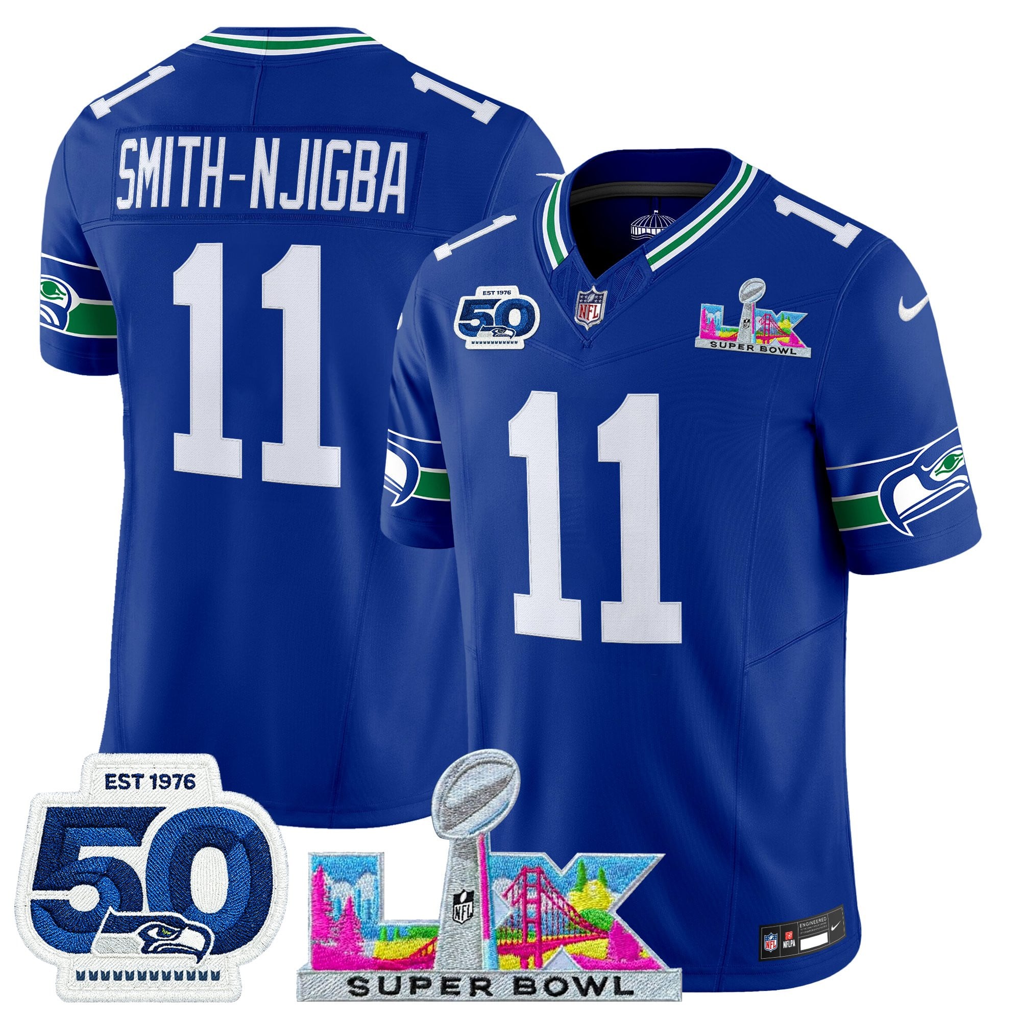 Smith-Njigba Men's Seattle Seahawks “Super Bowl LX & 50th Patch” Vapor Limited Royal Jersey - All Stitched