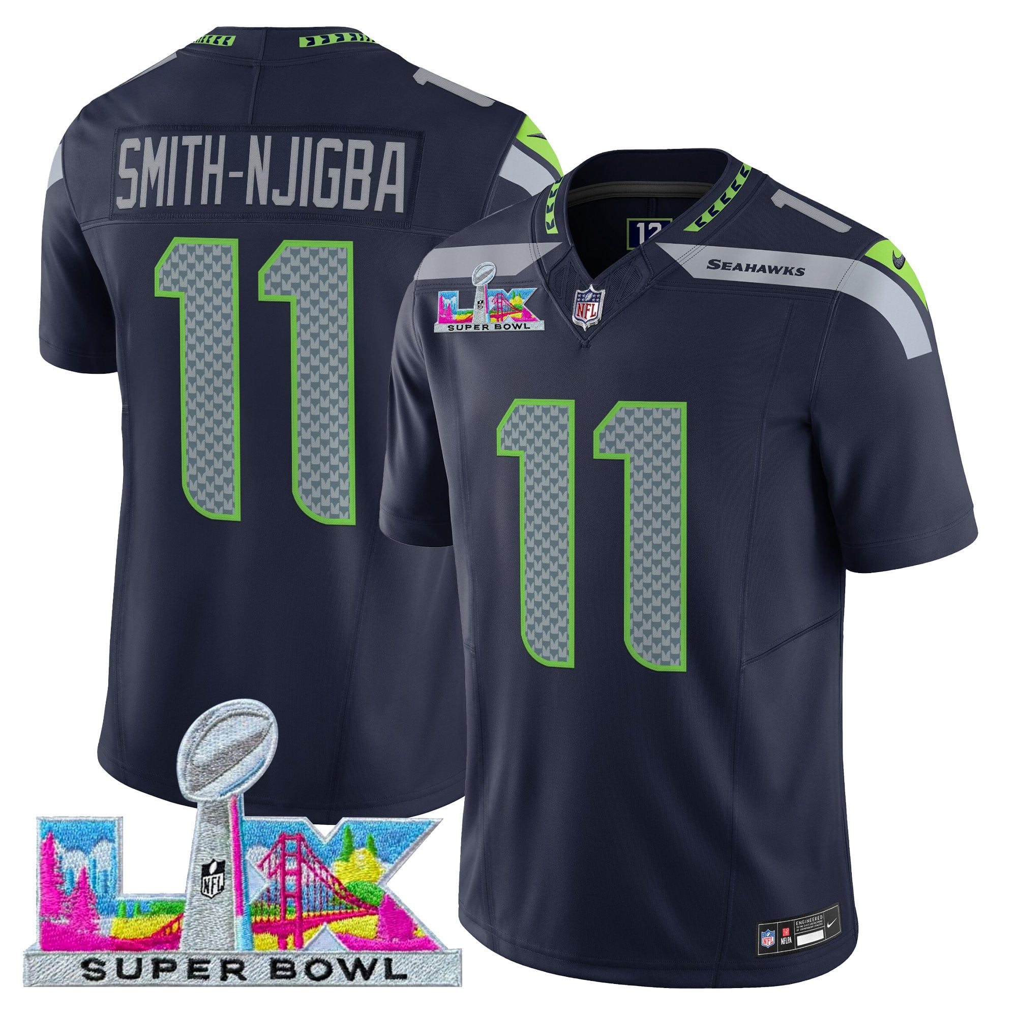 Smith-Njigba Men's Seattle Seahawks Super Bowl LX Vapor Limited College Navy Jersey - All Stitched