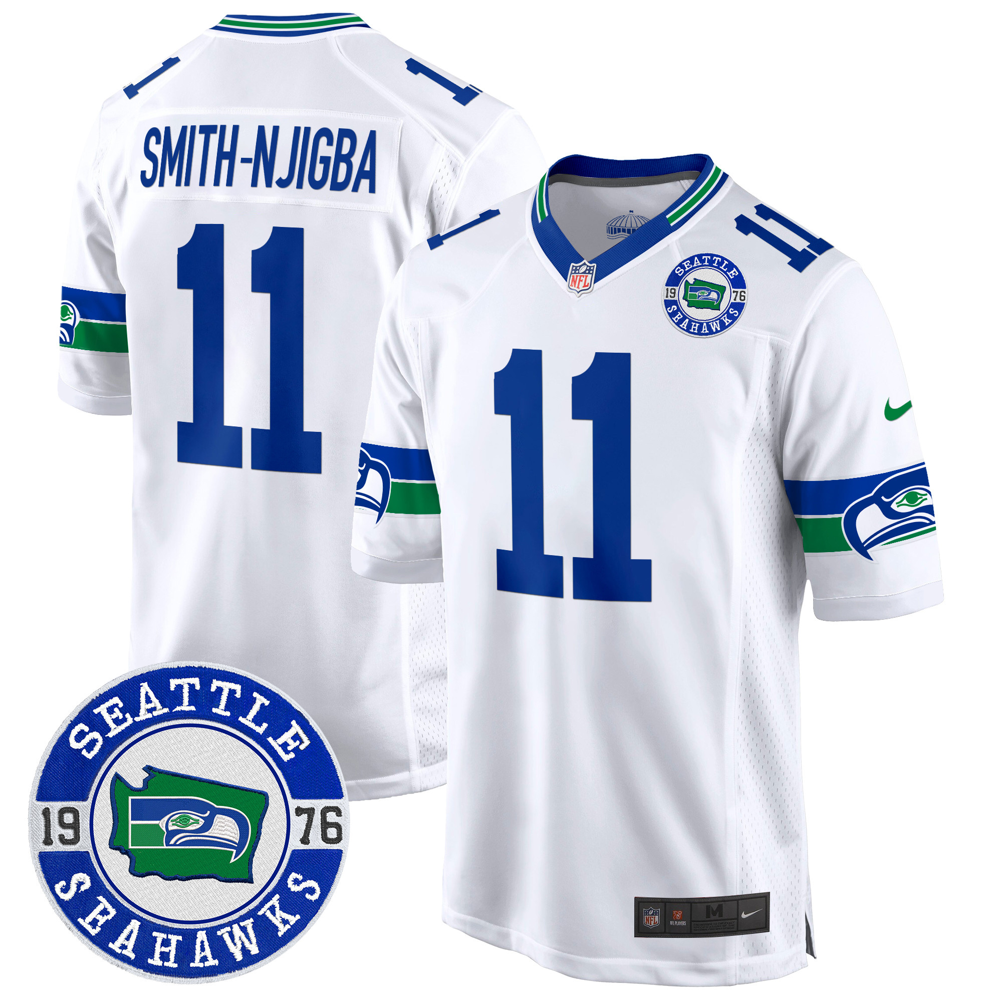Smith-Njigba Men's Seattle Seahawks Throwback Est. 1976 Patch Game White Jersey - All Stitched