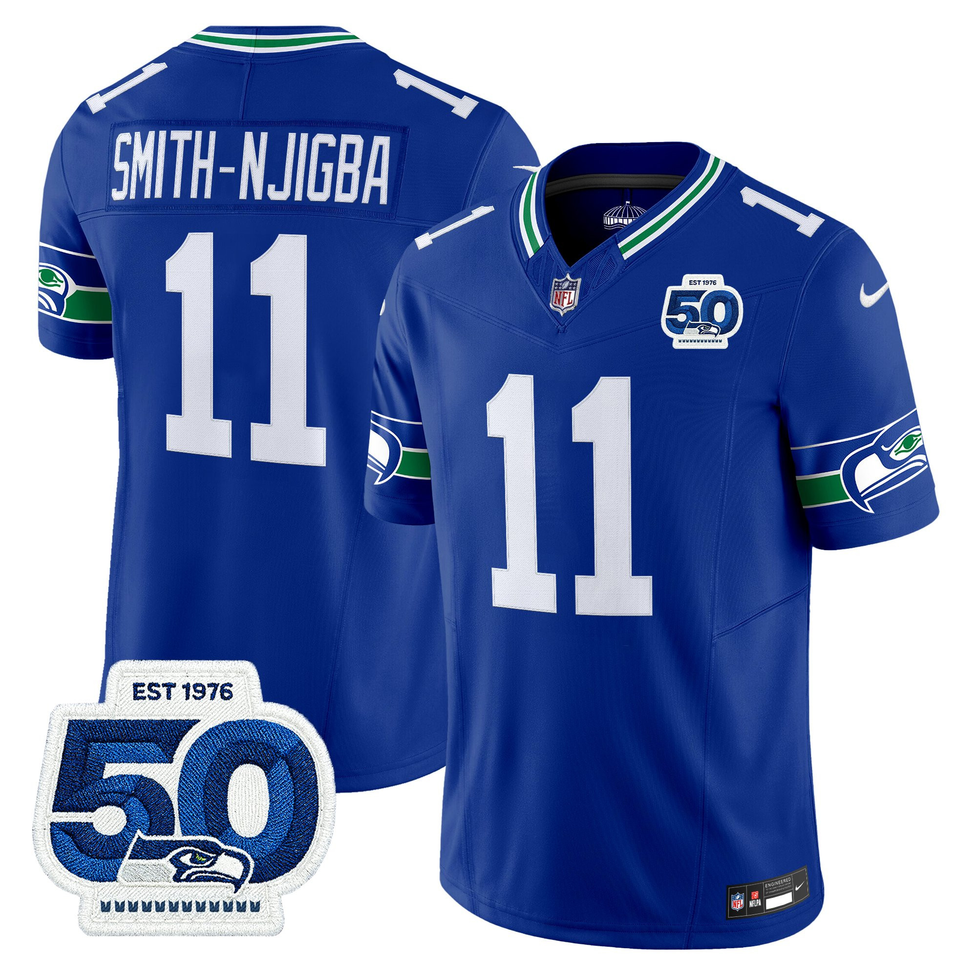 Smith-Njigba Men's Seattle Seahawks Throwback Vapor Limited Royal Jersey - 50th Anniversary Patch - All Stitched