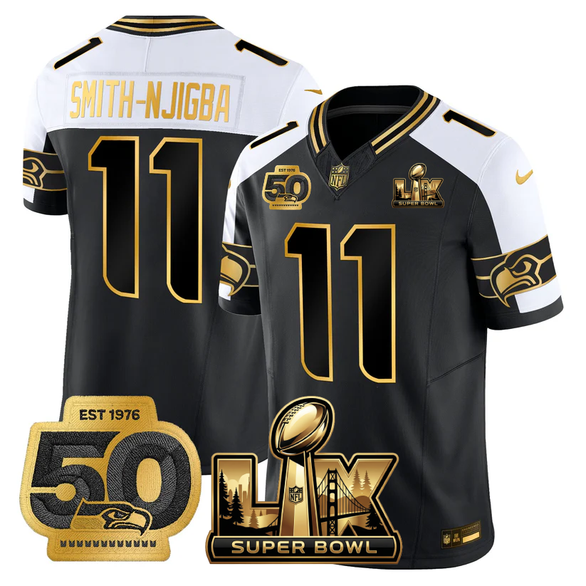 Smith-Njigba Seattle Seahawks Super Bowl LX - 50th Anniversary Patch Gold Vapor Limited Black Alternate Jersey - All Stitched