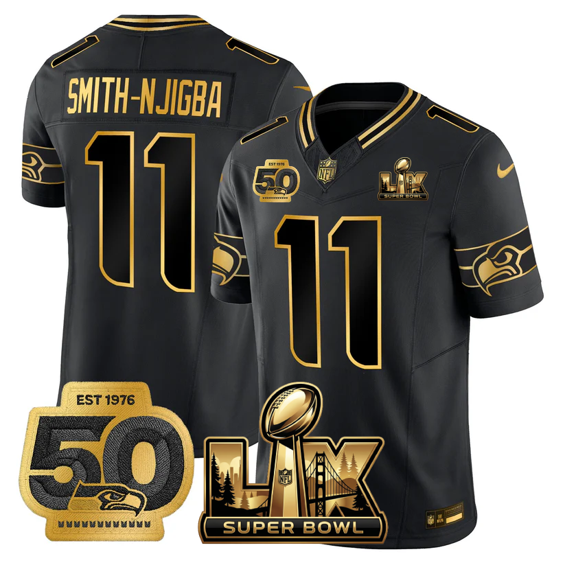 Smith-Njigba Seattle Seahawks Super Bowl LX - 50th Anniversary Patch Gold Vapor Limited Black Gold Jersey - All Stitched