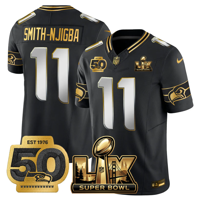 Smith-Njigba Seattle Seahawks Super Bowl LX - 50th Anniversary Patch Gold Vapor Limited Black Limited Jersey - All Stitched