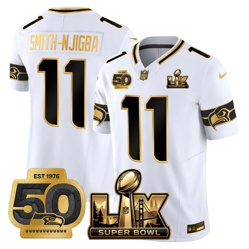 Smith-Njigba Seattle Seahawks Super Bowl LX - 50th Anniversary Patch Gold Vapor Limited White Gold Jersey - All Stitched