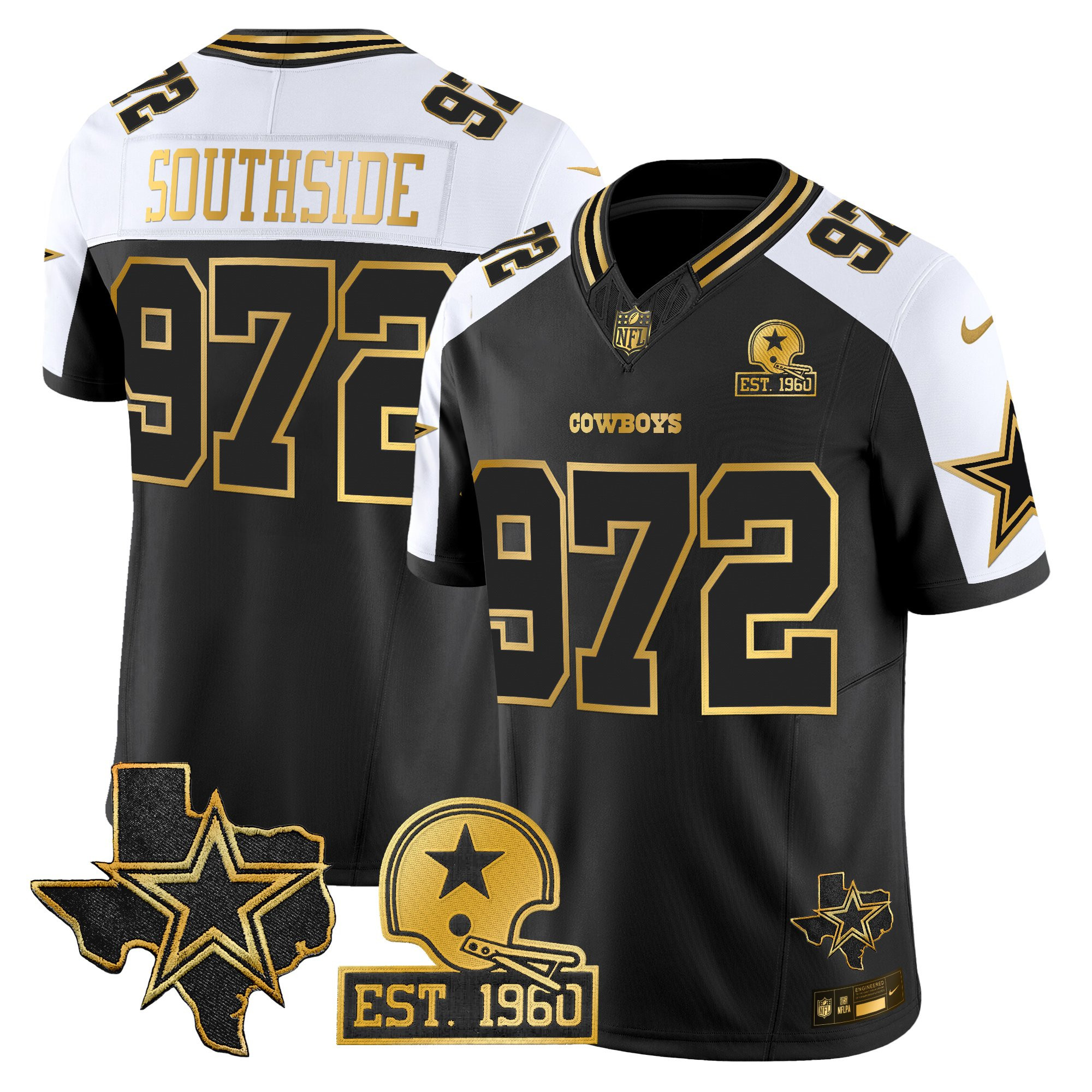 Southside 972 Men's Dallas Cowboys Est. 1960 & Texas Patch Gold Vapor Limited Alternate Jersey - All Stitched