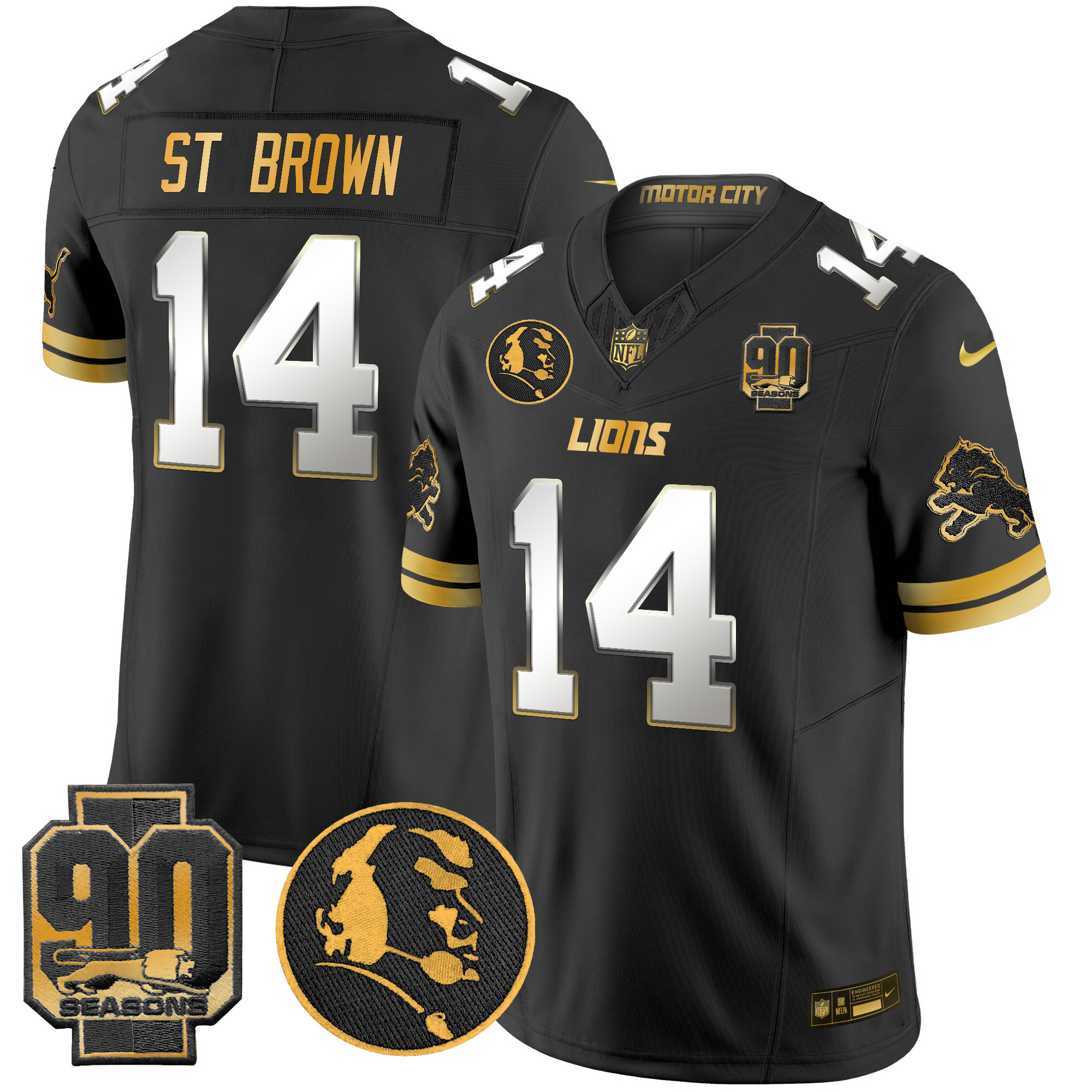 St. Brown Men's Detroit Lions 2024 90th & John Madden Patch Gold Vapor Limited Black Limited Jersey V2 - All Stitched