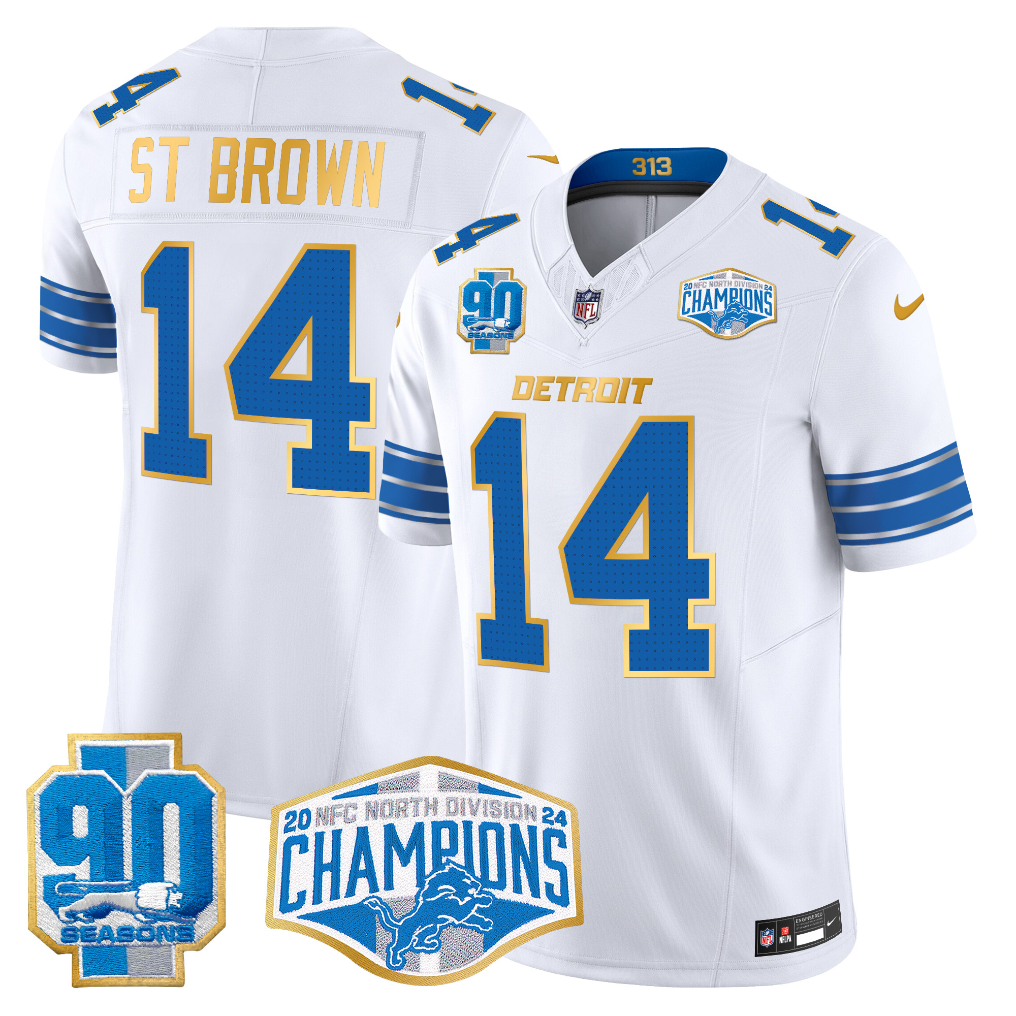 St. Brown Men's Detroit Lions 2024 NFC North Division Champions Patch Gold Trim Vapor Limited White Jersey - All Stitched