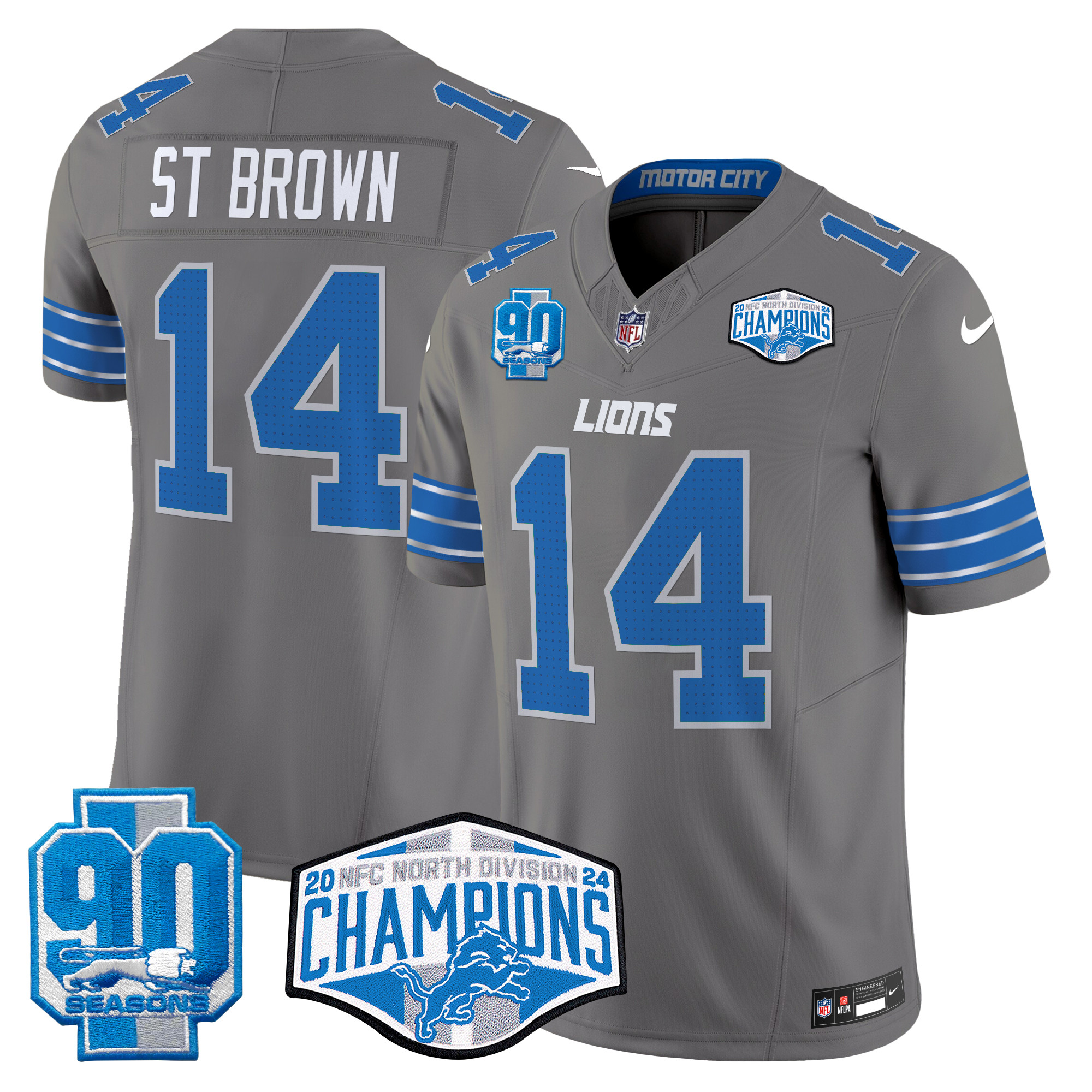 St. Brown Men's Detroit Lions 2024 NFC North Division Champions Patch Vapor Limited Gray Jersey - All Stitched