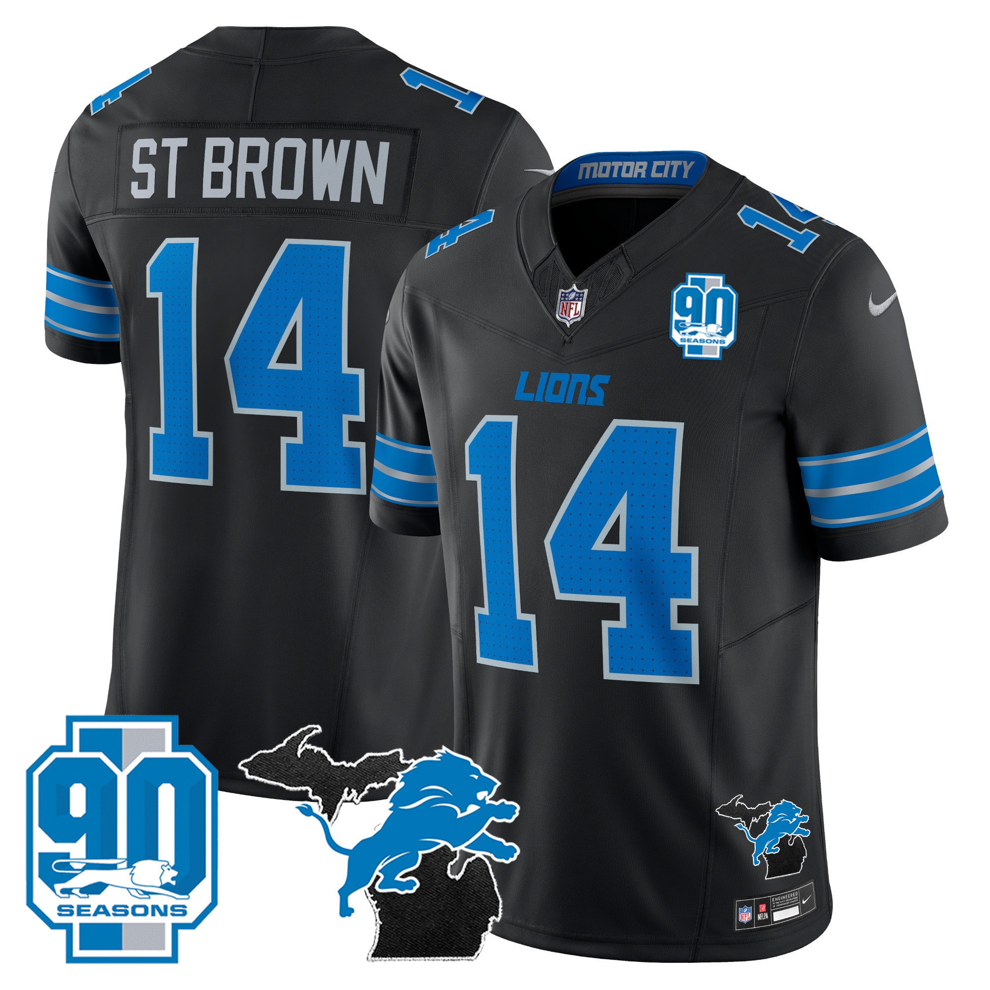 St. Brown Men's Detroit Lions 2025 Michigan & 90th Year Patch Vapor Black Jersey - All Stitched