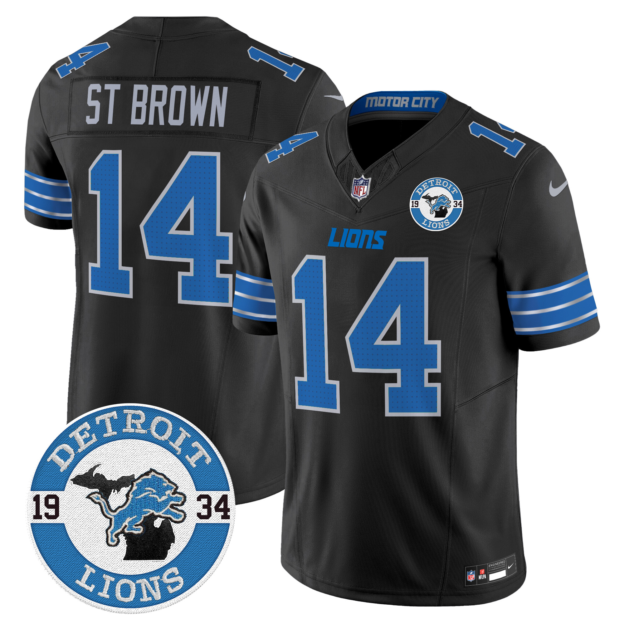 St.Brown Men's Detroit Lions 2024 Vapor Limited Black Jersey - Est. 1934 Patch - All Stitched