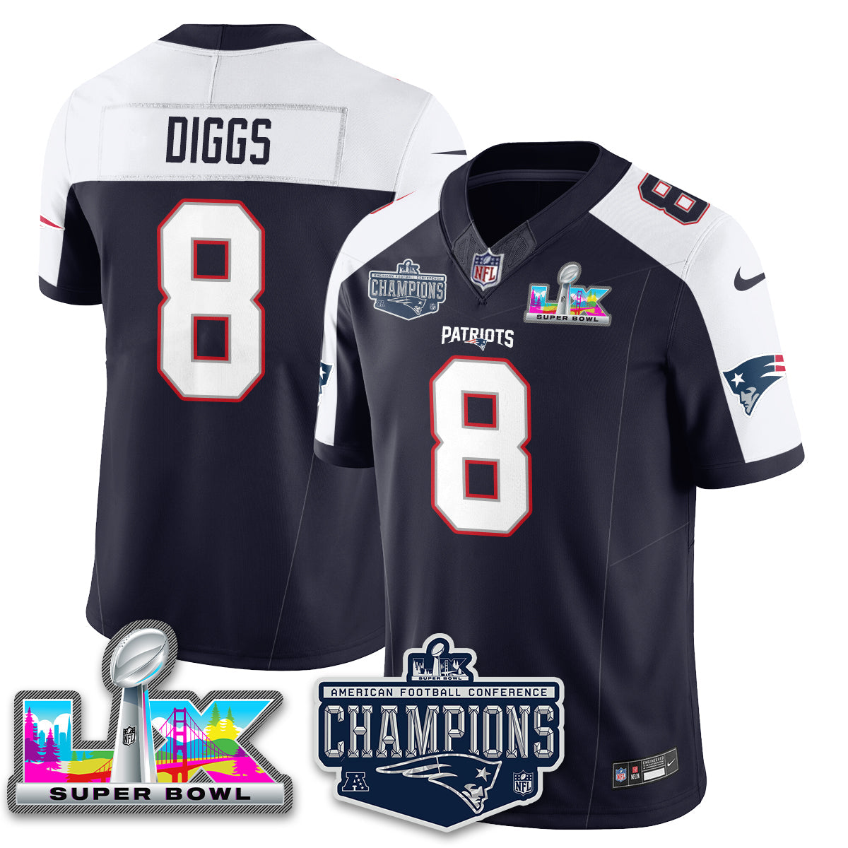 Stefon Diggs - 8 New England Patriots 2025 AFC Champions Vapor Limited Navy Alternate Jersey - All Stitched