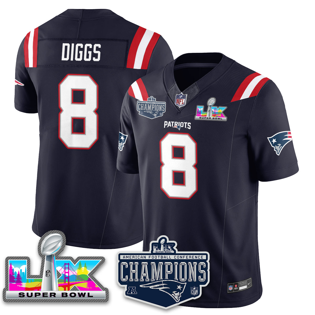 Stefon Diggs - 8 New England Patriots 2025 AFC Champions Vapor Limited Navy Jersey - All Stitched