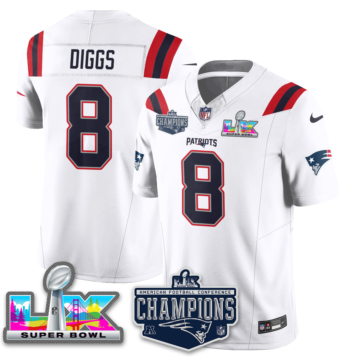 Stefon Diggs - 8 New England Patriots 2025 AFC Champions Vapor Limited White Jersey - All Stitched