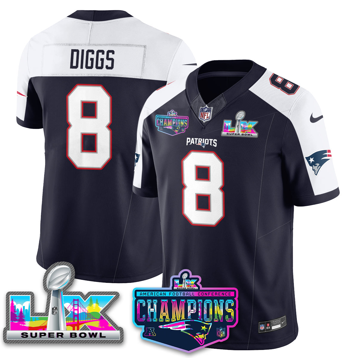Stefon Diggs - 8 New England Patriots 2025 Vapor Navy Alternate Jersey - AFC Champions Limited Patch - All Stitched