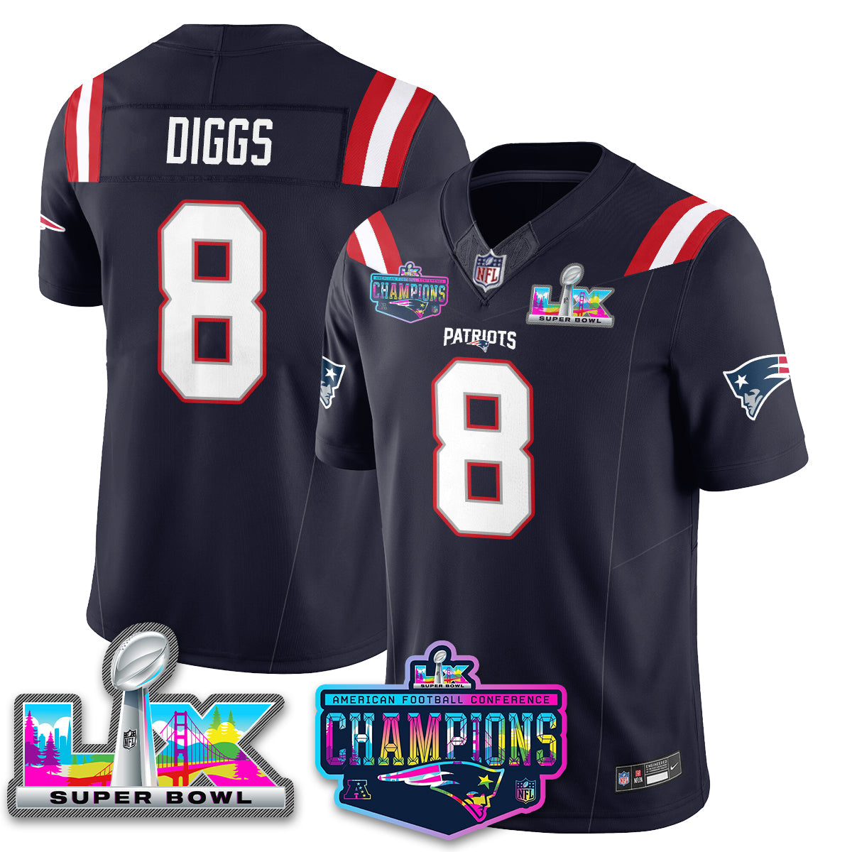 Stefon Diggs - 8 New England Patriots 2025 Vapor Navy Jersey - AFC Champions Limited Patch - All Stitched