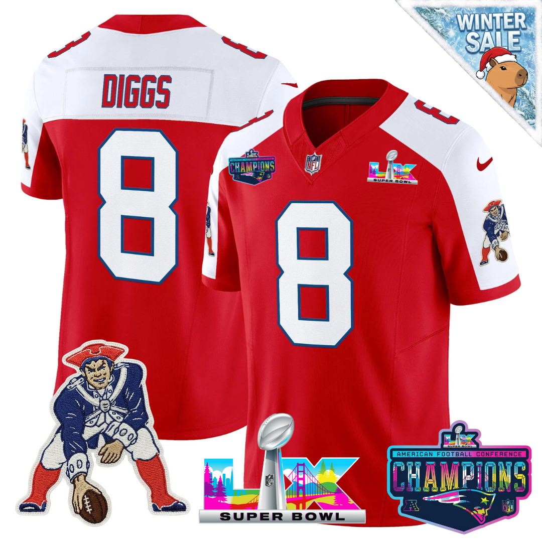 Stefon Diggs - 8 New England Patriots 2025 Vapor Red Throwback Alternate Jersey - AFC Champions Limited Patch - All Stitched
