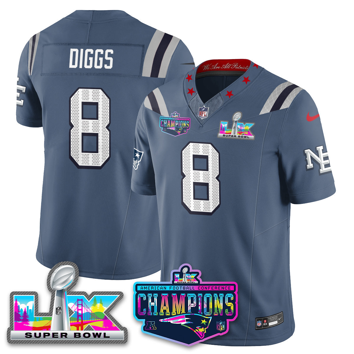 Stefon Diggs - 8 New England Patriots 2025 Vapor Storm Blue Jersey - AFC Champions Limited Patch - All Stitched
