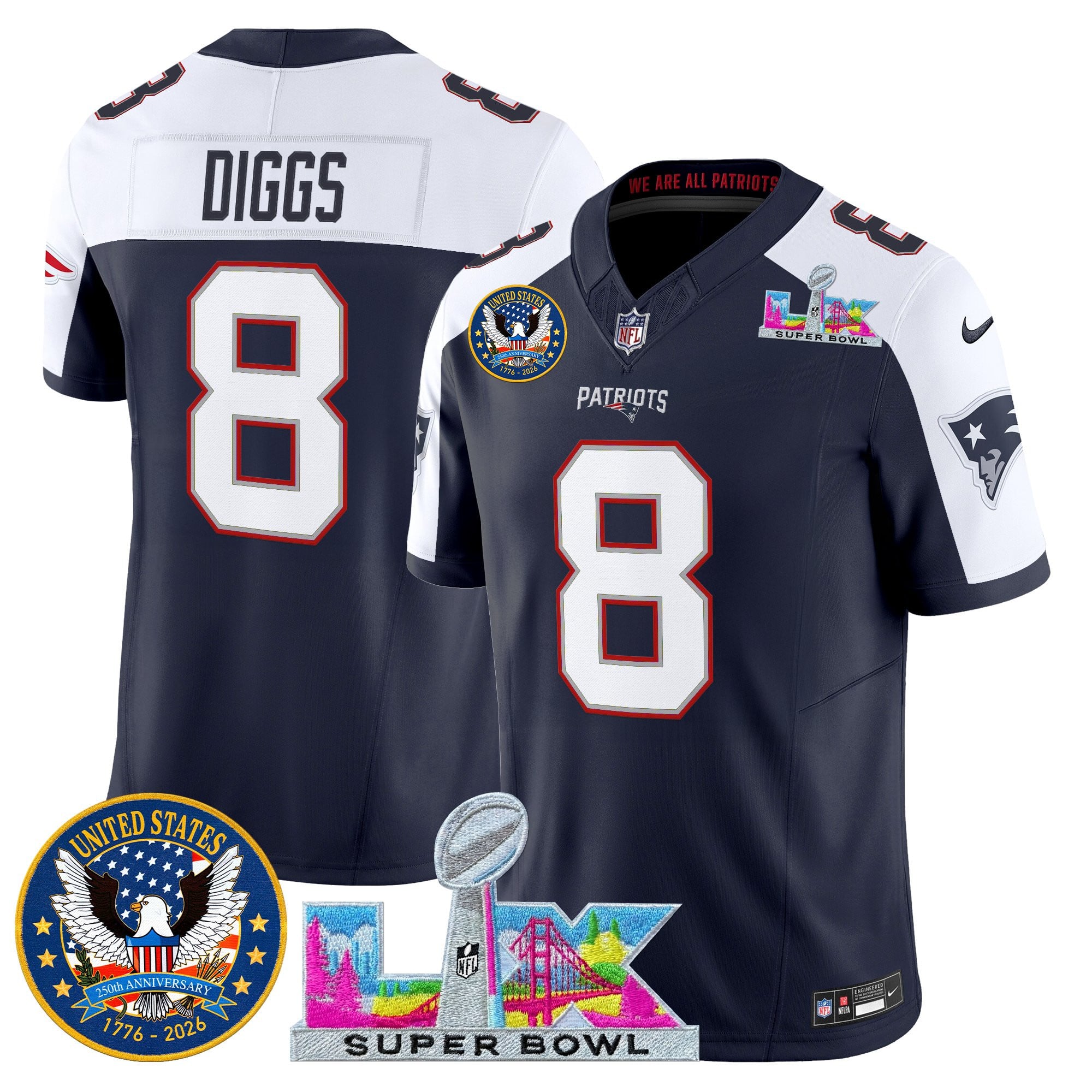 Stefon Diggs Men's New England Patriots “Super Bowl LX & United States 250th Patch” Vapor Limited Navy Alternate Jersey - All Stitched
