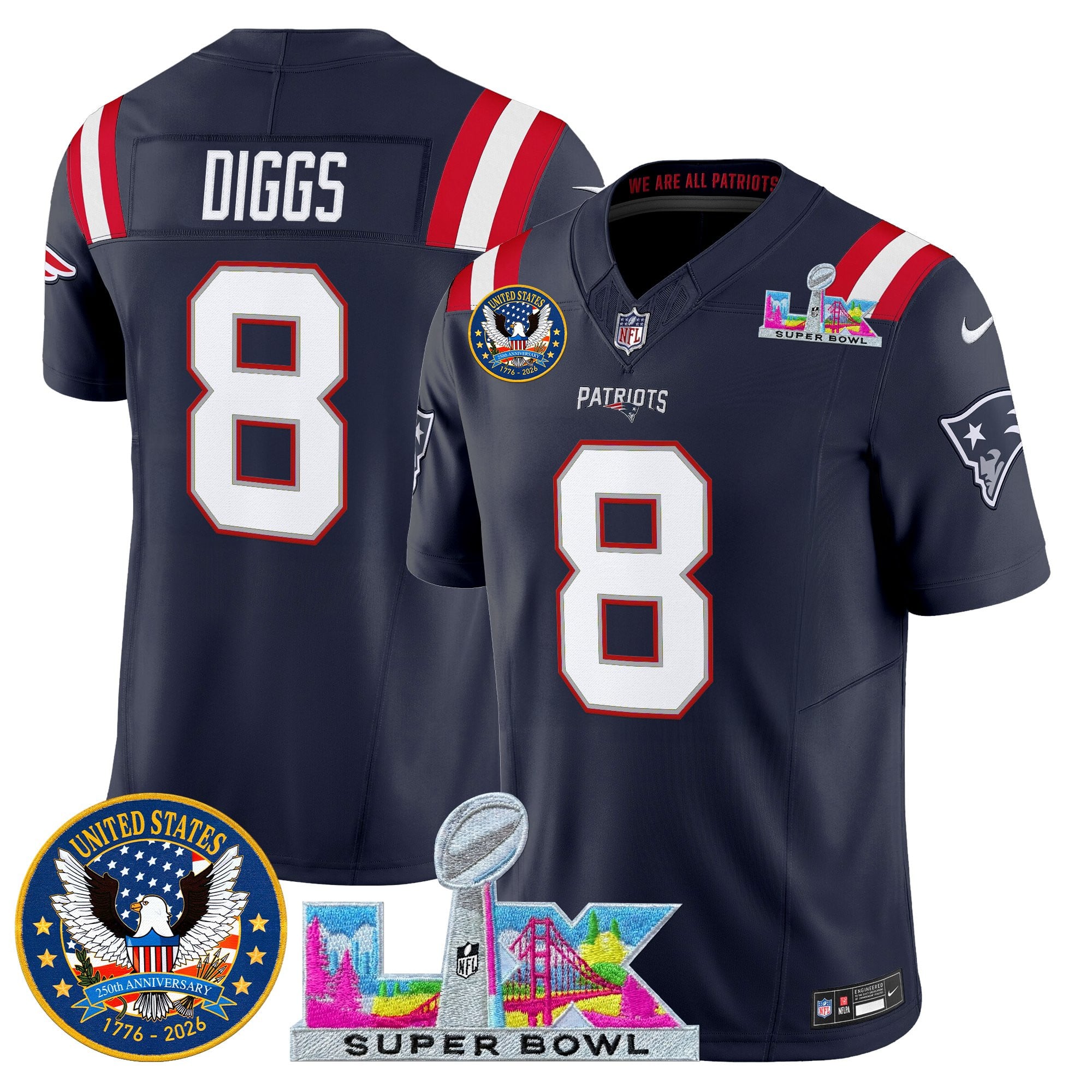 Stefon Diggs Men's New England Patriots “Super Bowl LX & United States 250th Patch” Vapor Limited Navy Jersey - All Stitched