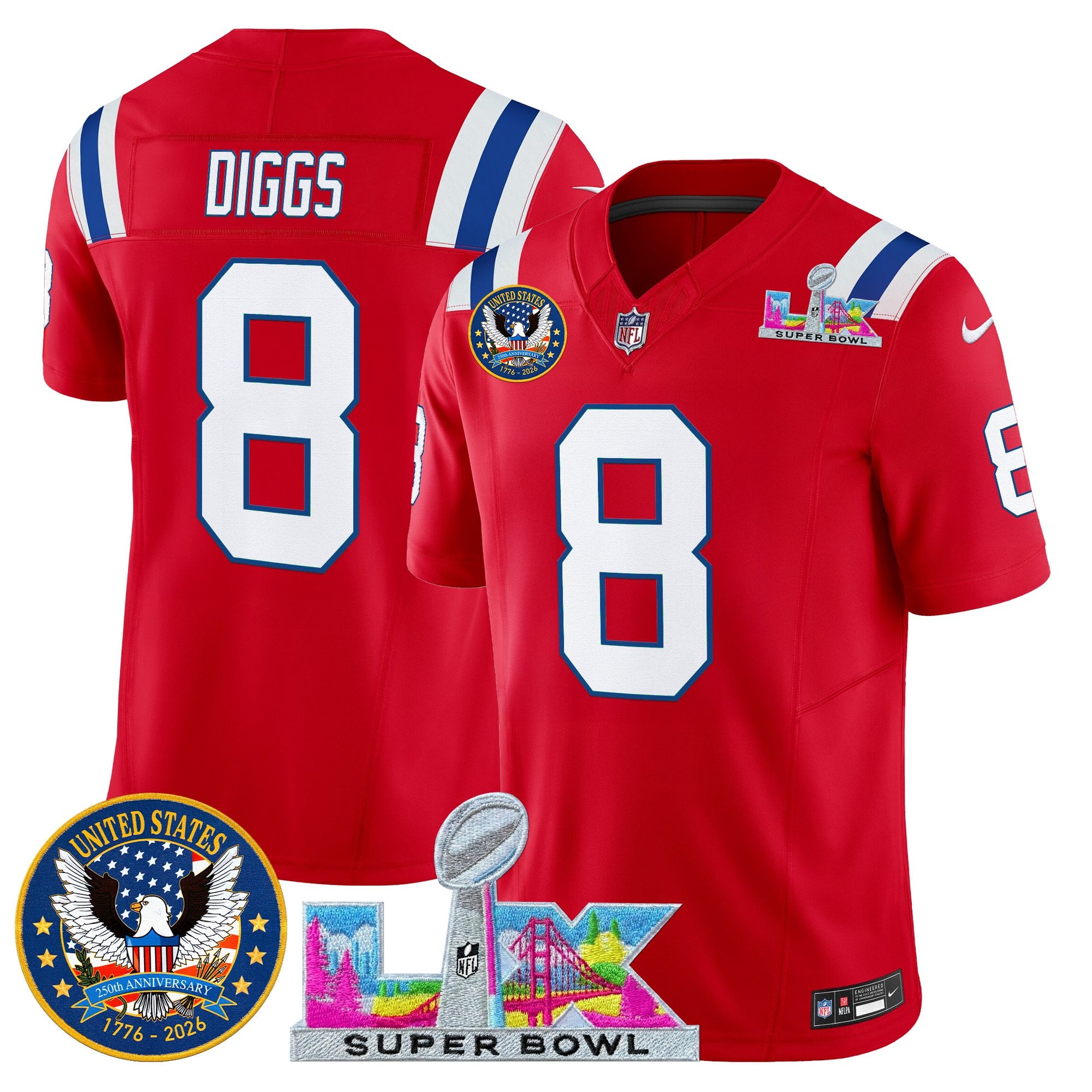 Stefon Diggs Men's New England Patriots “Super Bowl LX & United States 250th Patch” Vapor Limited Red Jersey - All Stitched