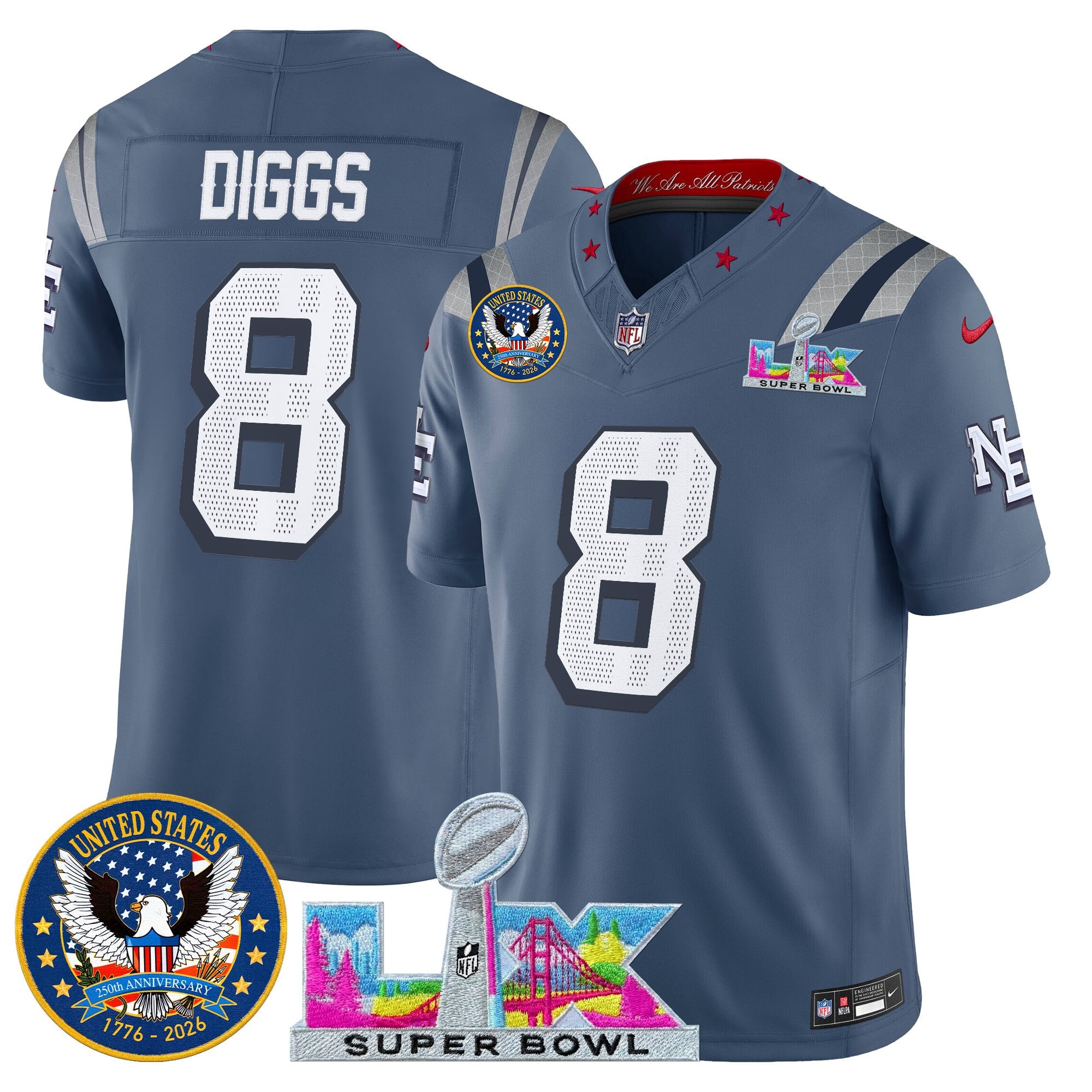 Stefon Diggs Men's New England Patriots “Super Bowl LX & United States 250th Patch” Vapor Limited Storm Blue Jersey - All Stitched