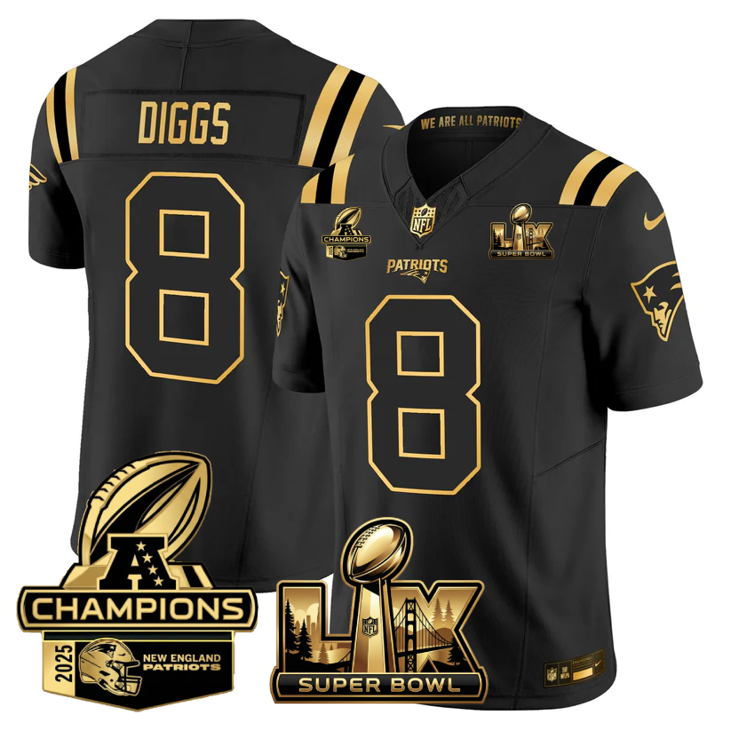 Stefon Diggs New England Patriots Super Bowl LX - AFC Champions Patch Gold Vapor Limited Black Gold Jersey - All Stitched